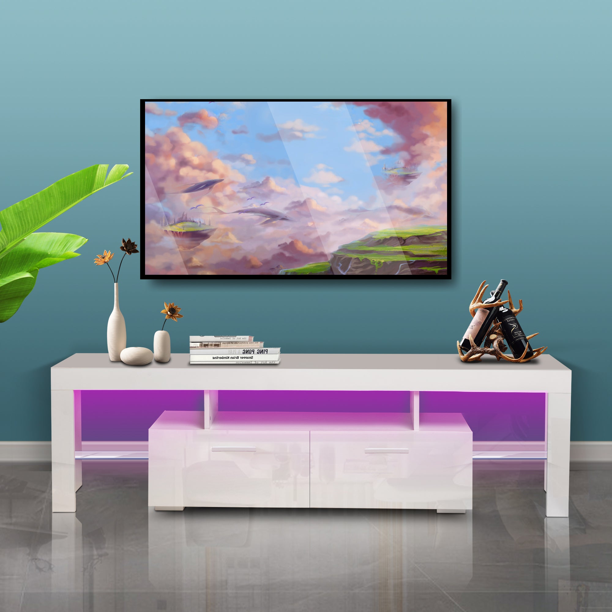 FashionTVstandTVcabinet,EntertainmentCenter,TVstationTV console,media console,with LEDlight belt,light belt remote control,toughenedglassshelf,metal handle,Canbeplaced in the living room,bedroom,White