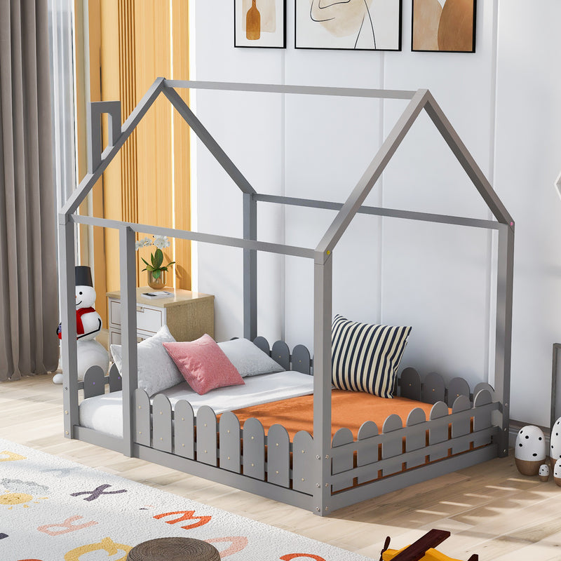 (Slats are not included)Full Size Wood Bed House Bed Frame with Fence, for Kids, Teens, Girls, Boys (Gray )(OLD SKU:WF281294AAE)