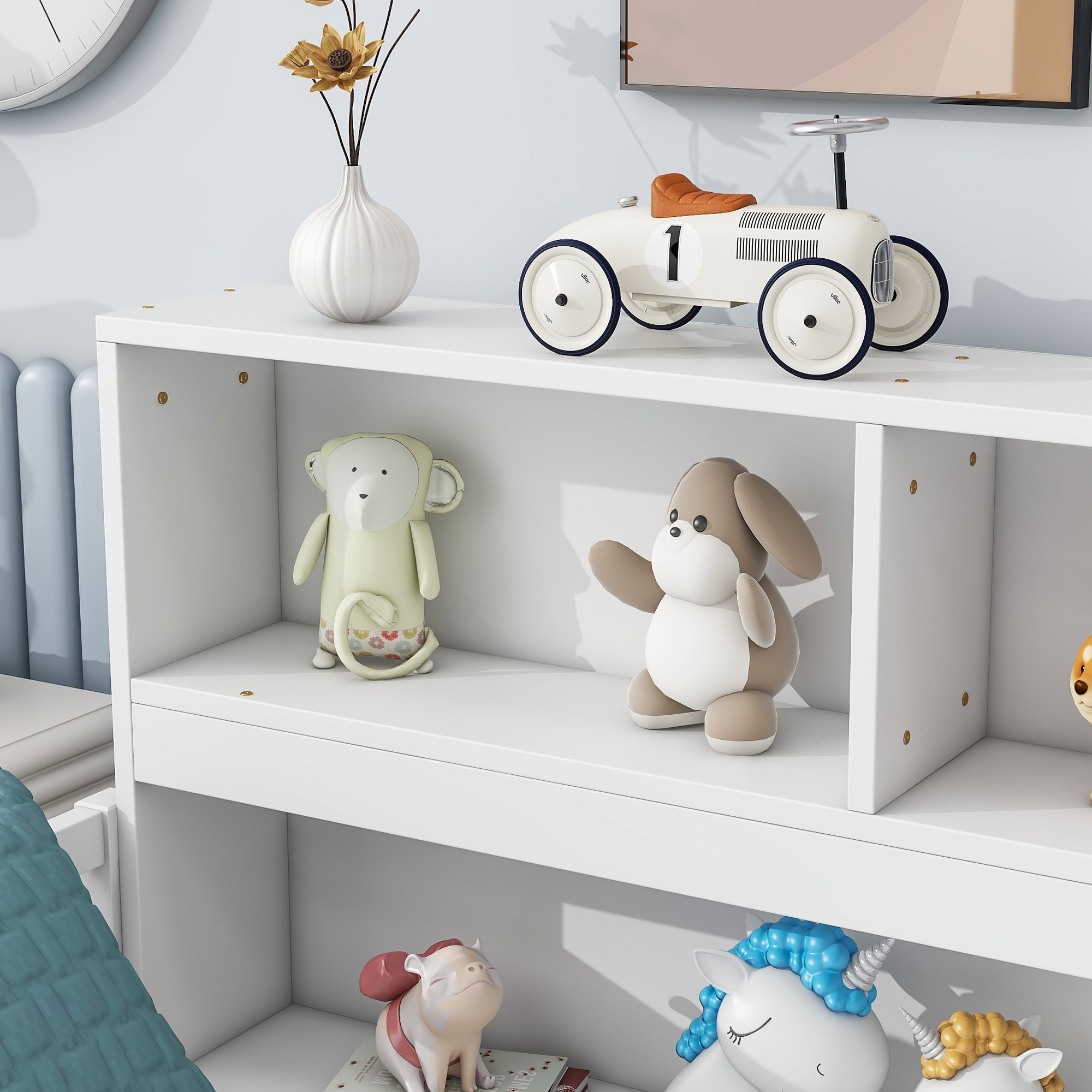 Full Floor Bed with Side Bookcase,Shelves,Guardrails,White