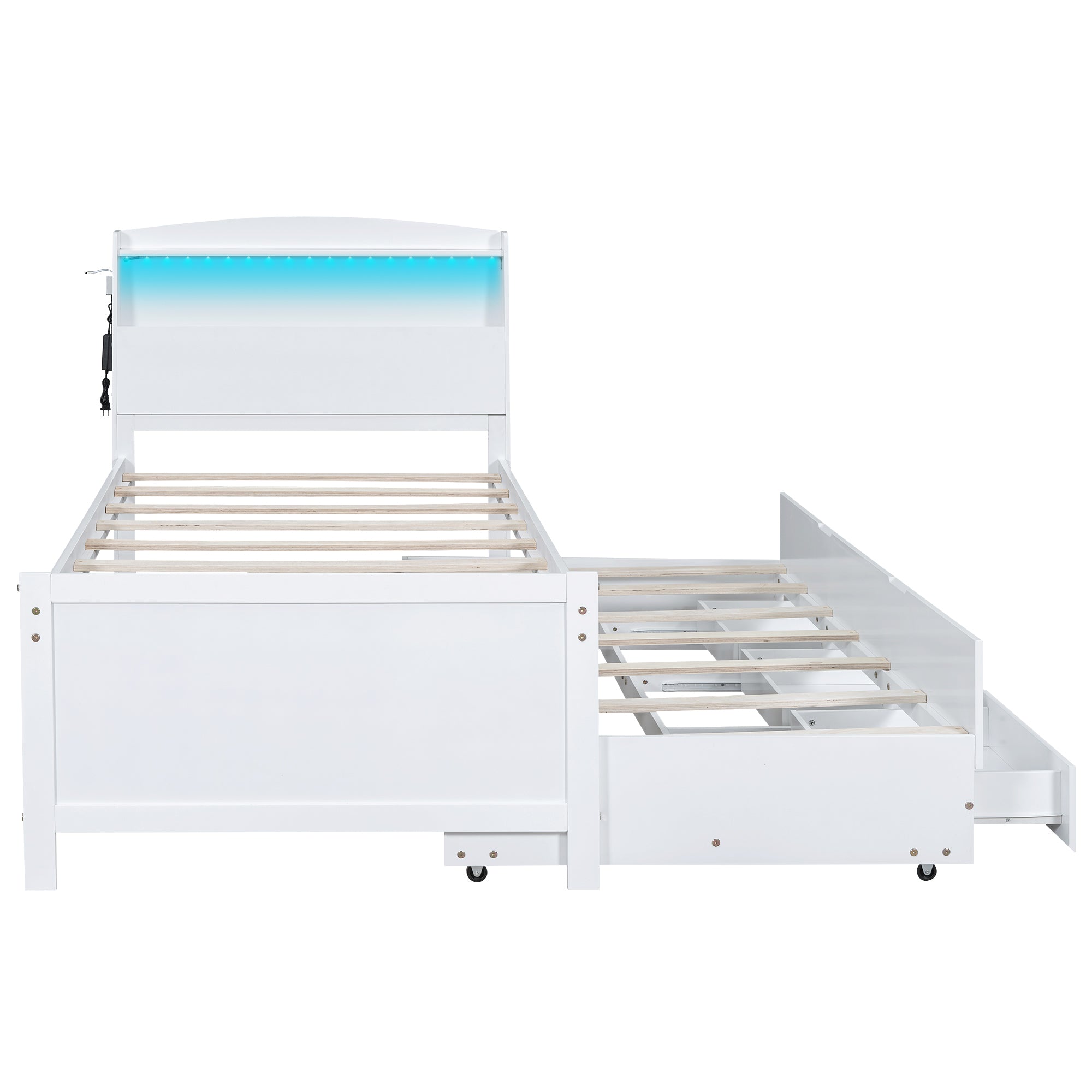 Twin Size Platform Bed with Storage LED Headboard, Twin Size Trundle and 3 Drawers, White - Atlantic Fine Furniture Melbourne FL