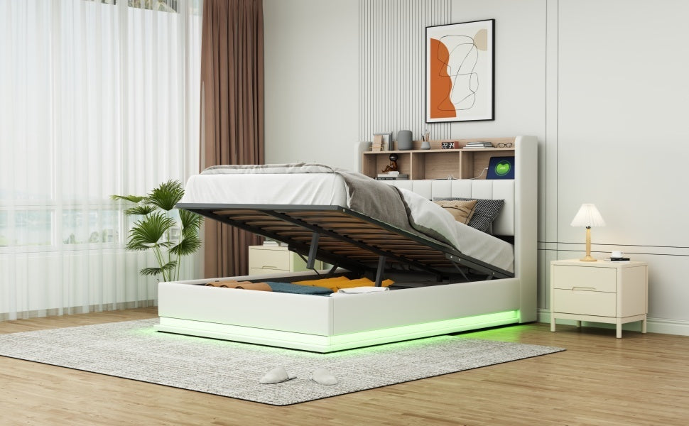 Full Size Upholstered Platform Bed with Storage Headboard and Hydraulic Storage System, PU Storage Bed with LED Lights and USB charger, White - Atlantic Fine Furniture Melbourne FL