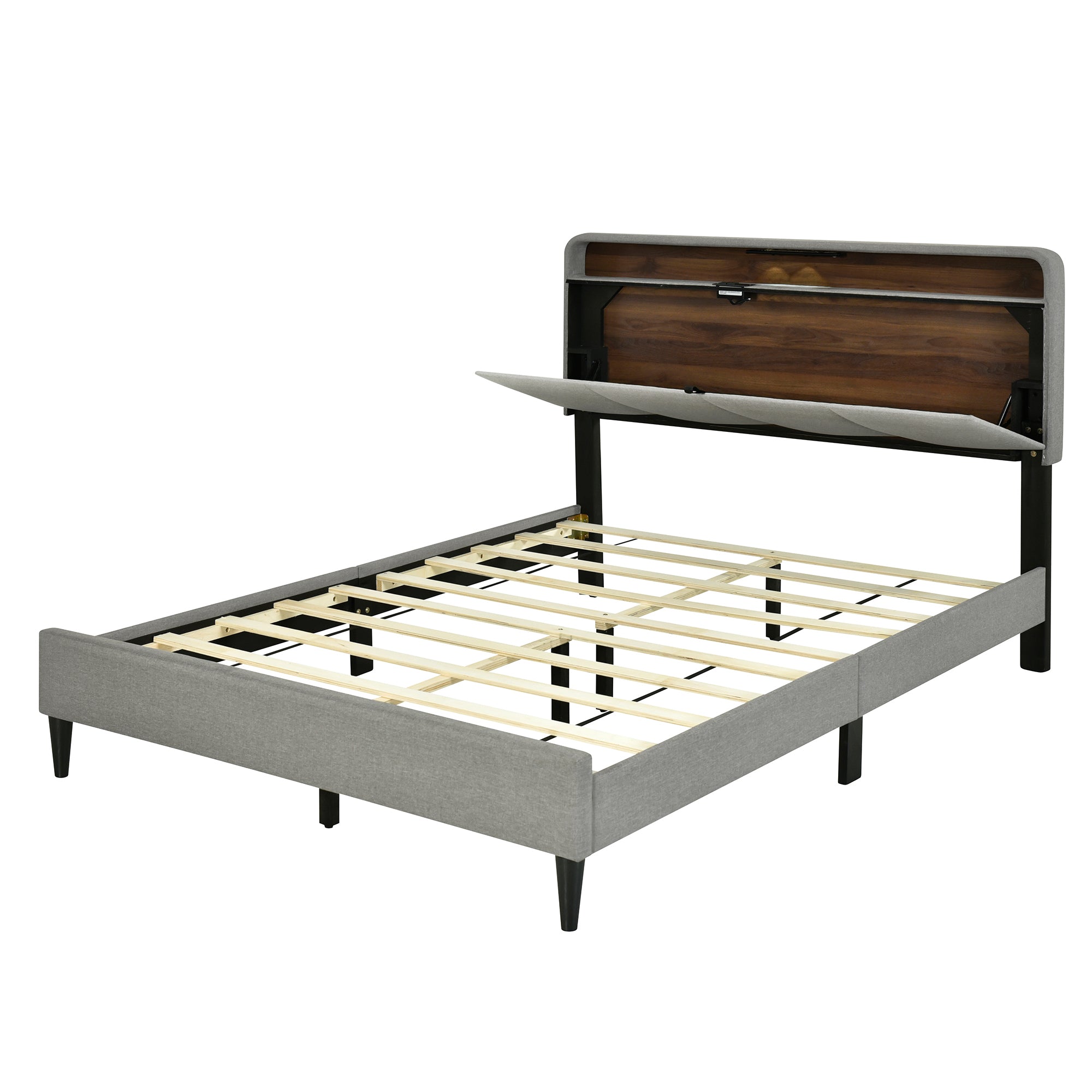 Queen size Upholstered Platform Bed with Storage Headboard, Sensor Light and a set of Sockets and USB Ports, Linen Fabric, Gray - Atlantic Fine Furniture Melbourne FL