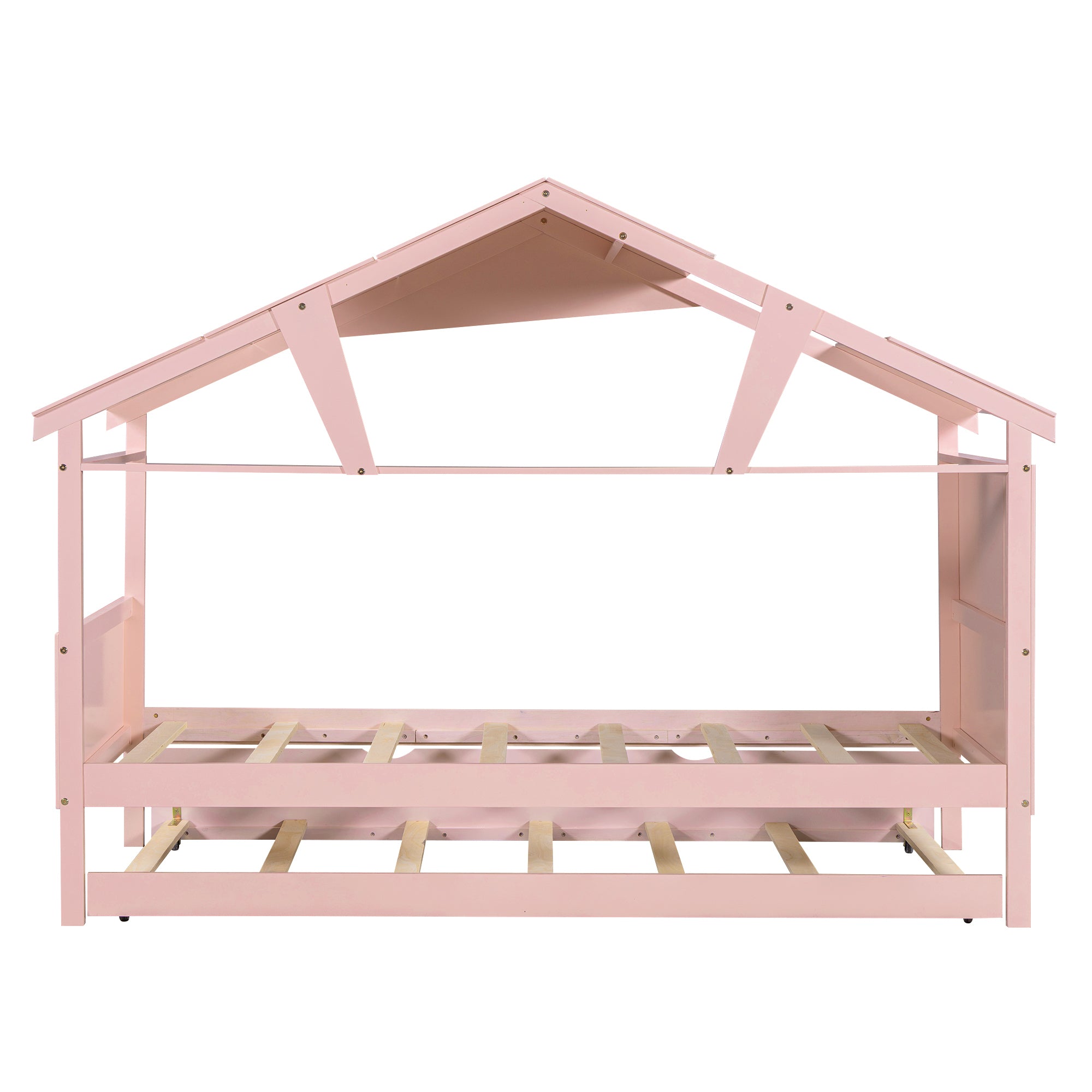 Wood Twin Size House Bed with Trundle and Storage, Pink - Atlantic Fine Furniture Melbourne FL