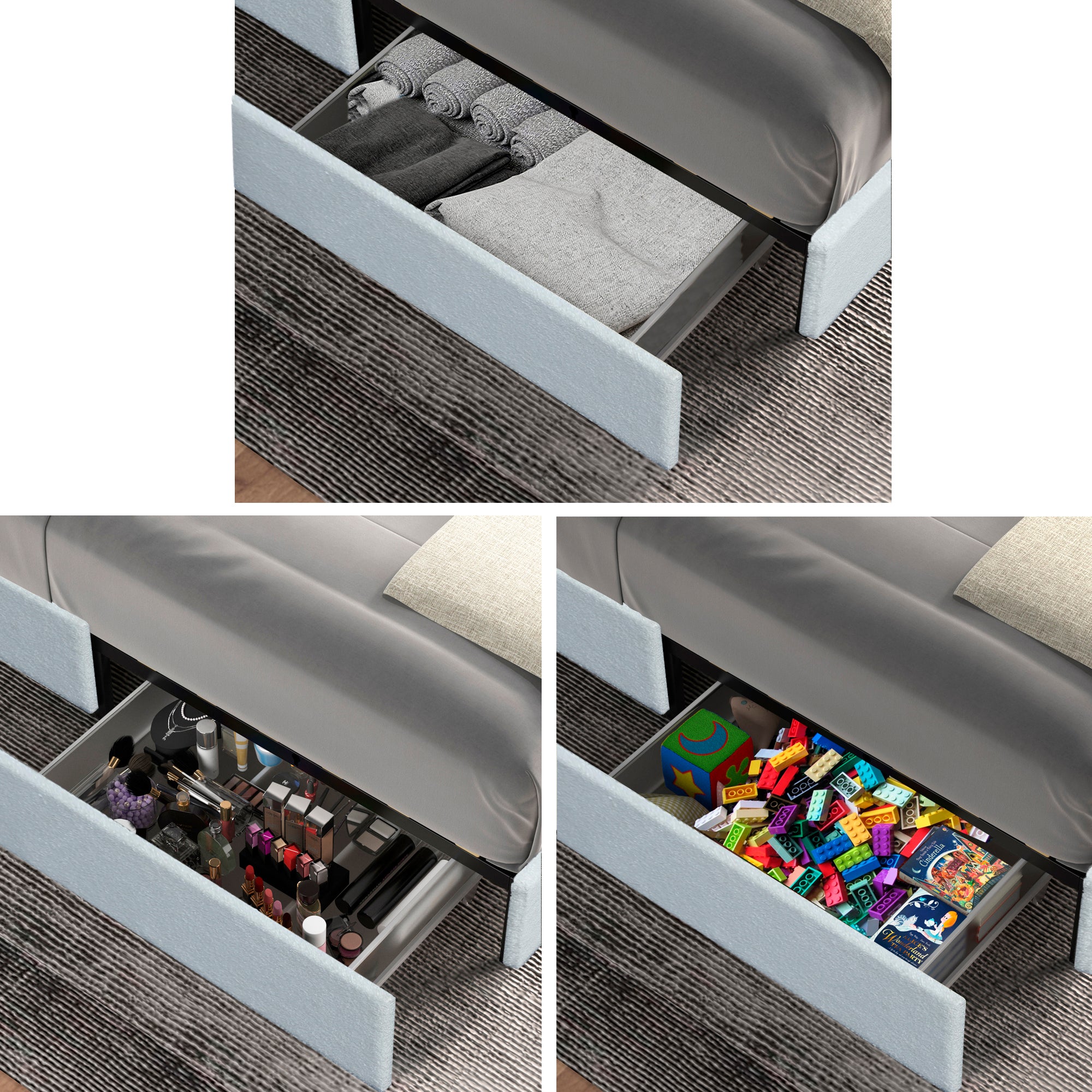 Anda Queen Size Ivory Boucle Upholstered Platform Bed with Patented 4 Drawers Storage, Tufted Headboard, Wooden Slat Mattress Support, No Box Spring Needed. - Atlantic Fine Furniture Melbourne FL
