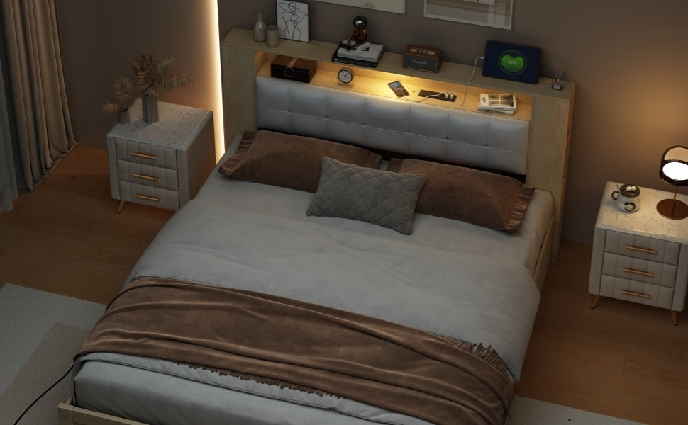 Queen Size Tufted Upholstered Platform Bed with Storage Headboard and Hydraulic Storage System, Modern PU Storage Bed with Motion Activated Night Lights and USB Charger,Natural