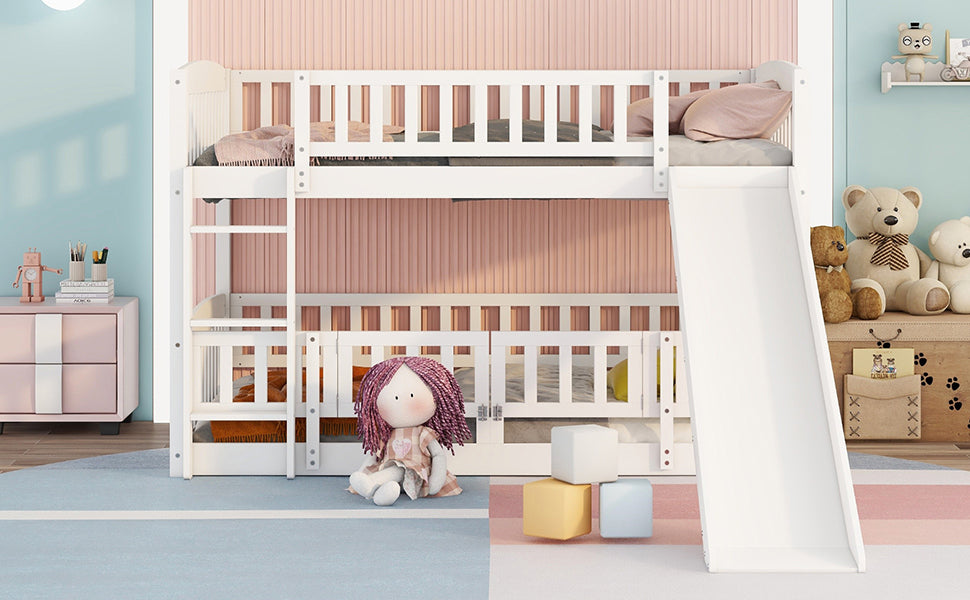 Bunk Bed with Slide,Full Over Full Low Bunk Bed with Fence and Ladder for Toddler Kids Teens White - Atlantic Fine Furniture Melbourne FL