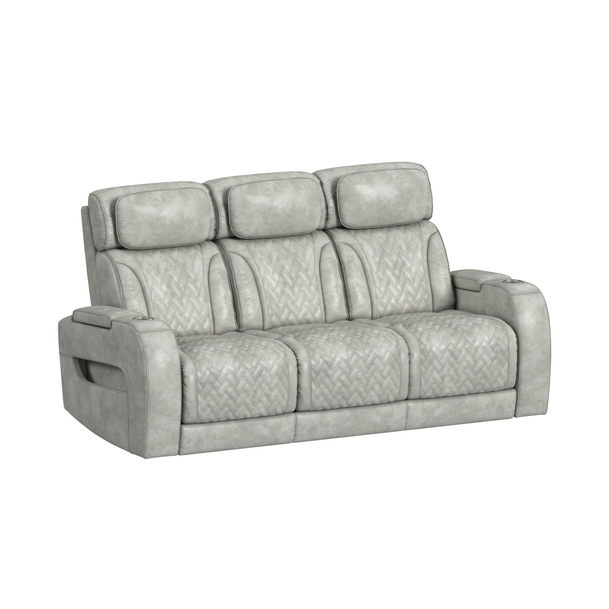Prime Time P3 Sofa With Ddt, 3.0 Table, 7 Colors (Led And Cup Holders), Reading Light, Vibration, Speaker, And Heat Massage in Leather Gel Light Gray by Elements International