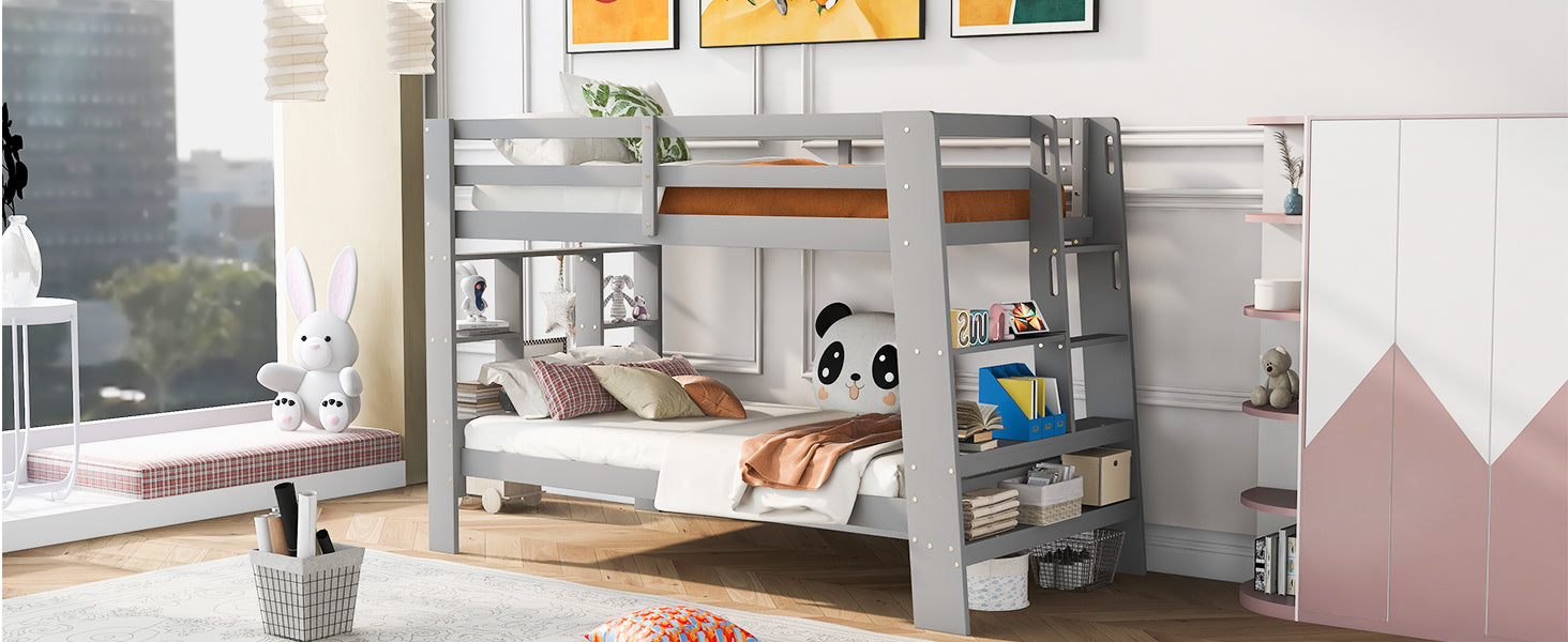 Twin over Twin Bunk Bed with Shelves and Built-in Ladder, Gray - Atlantic Fine Furniture Melbourne FL