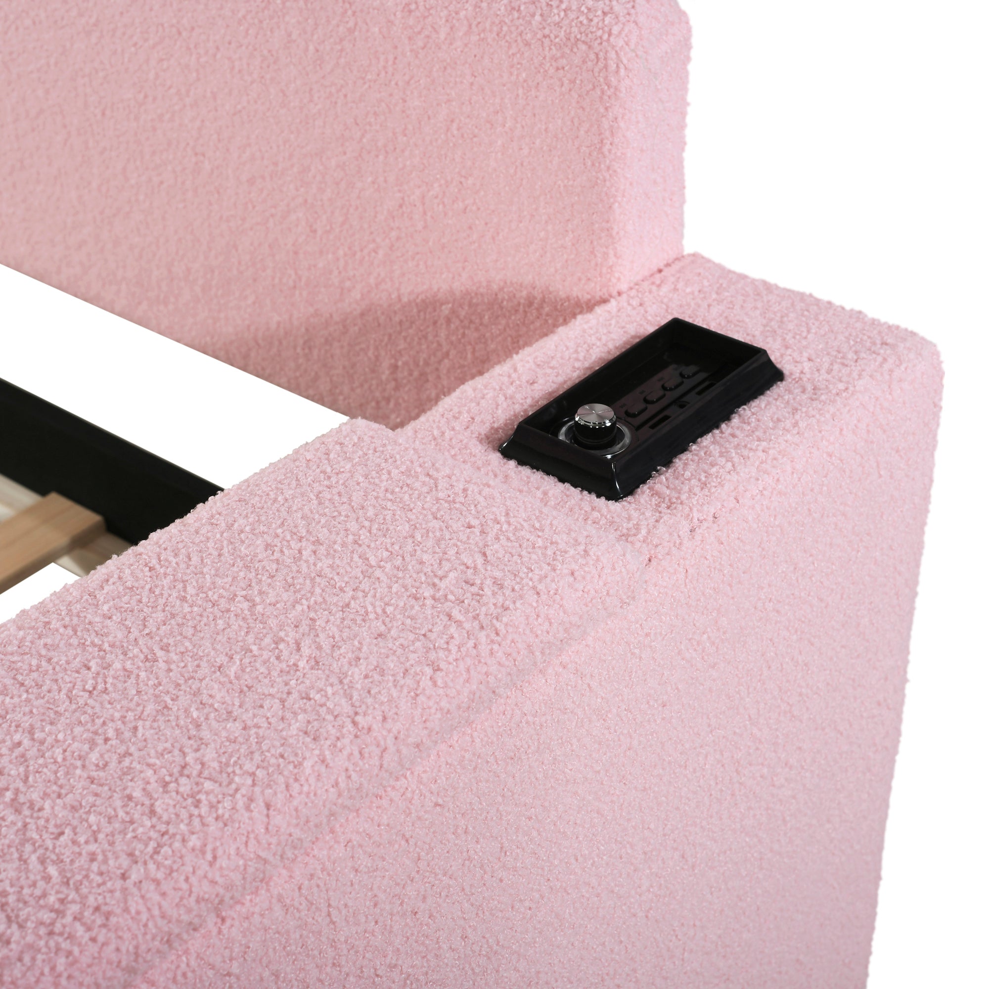 Twin Size Upholstered Daybed with Storage Armrests, Trundle and Latest Integrated Bluetooth Audio System, Teddy Fleece, Pink