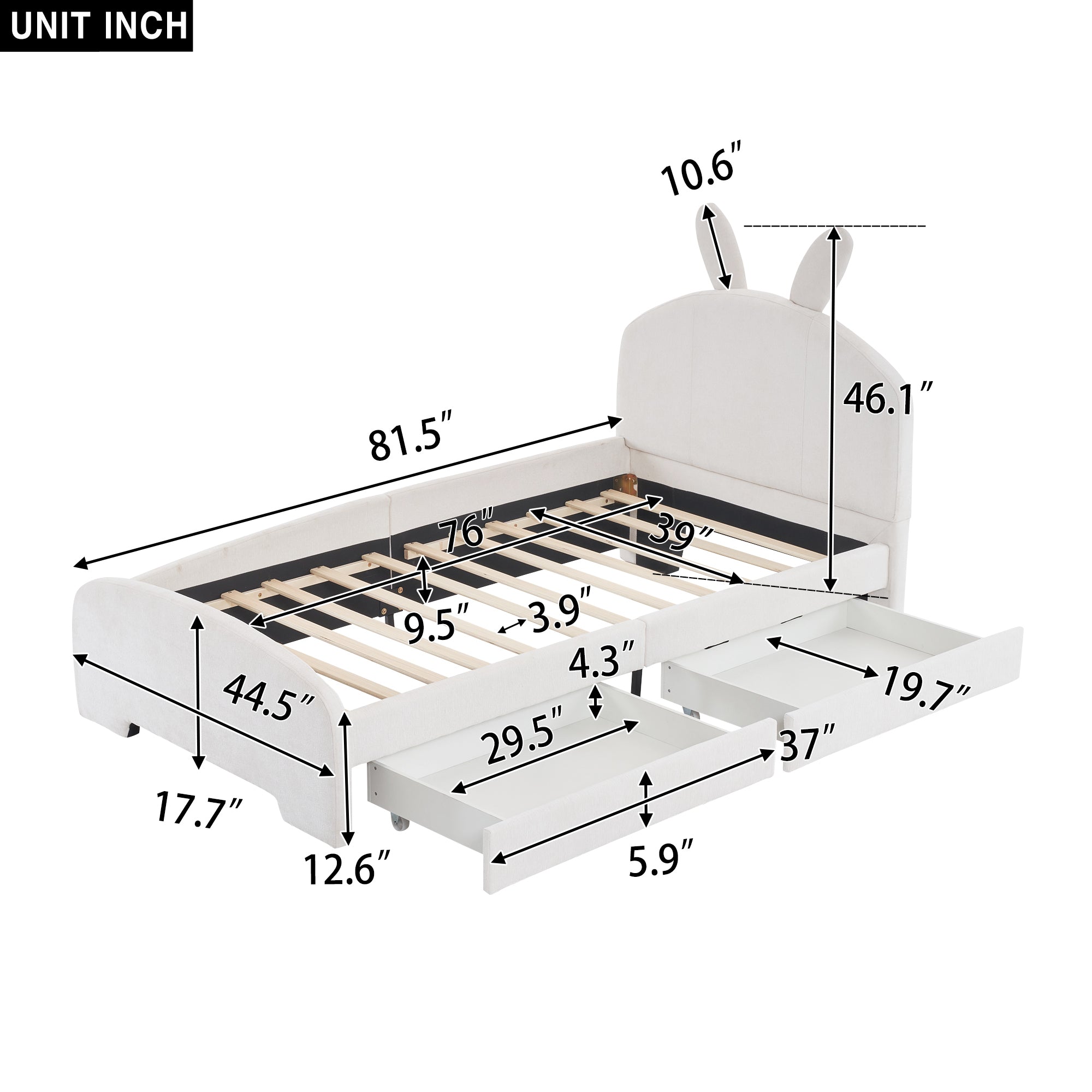 Twin Size Upholstered Platform Bed with Cartoon Ears Shaped Headboard and 2 Drawers, White - Atlantic Fine Furniture Melbourne FL