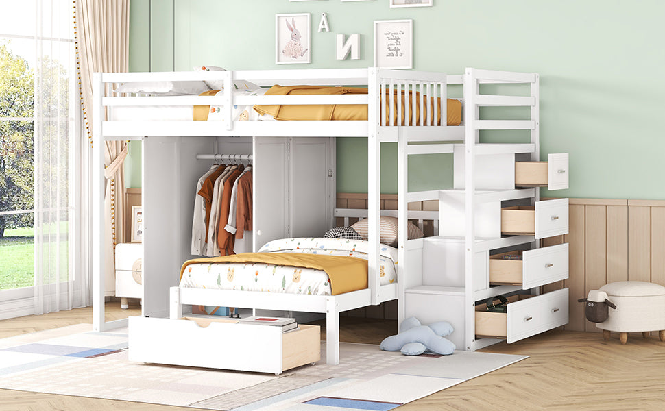 Full Over Twin Bunk Bed with Wardrobe, Drawers, White - Atlantic Fine Furniture Melbourne FL
