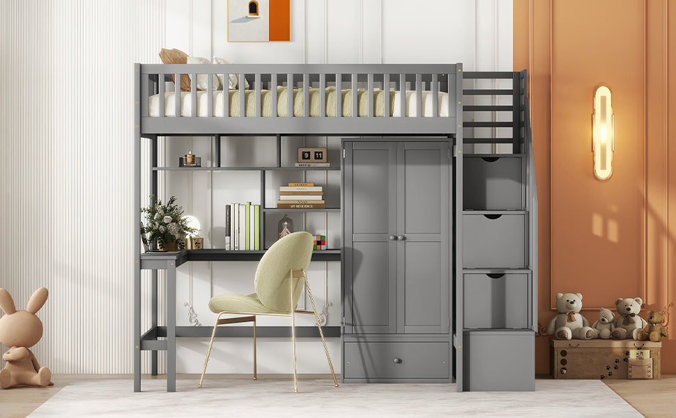 Twin size Loft Bed with Bookshelf,Drawers,Desk,and Wardrobe-Gray - Atlantic Fine Furniture Melbourne FL