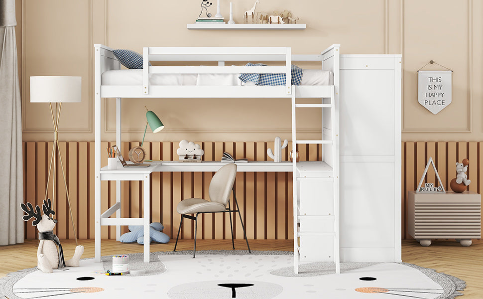 Full size Loft Bed with Desk, Shelves and Wardrobe-White - Atlantic Fine Furniture Melbourne FL