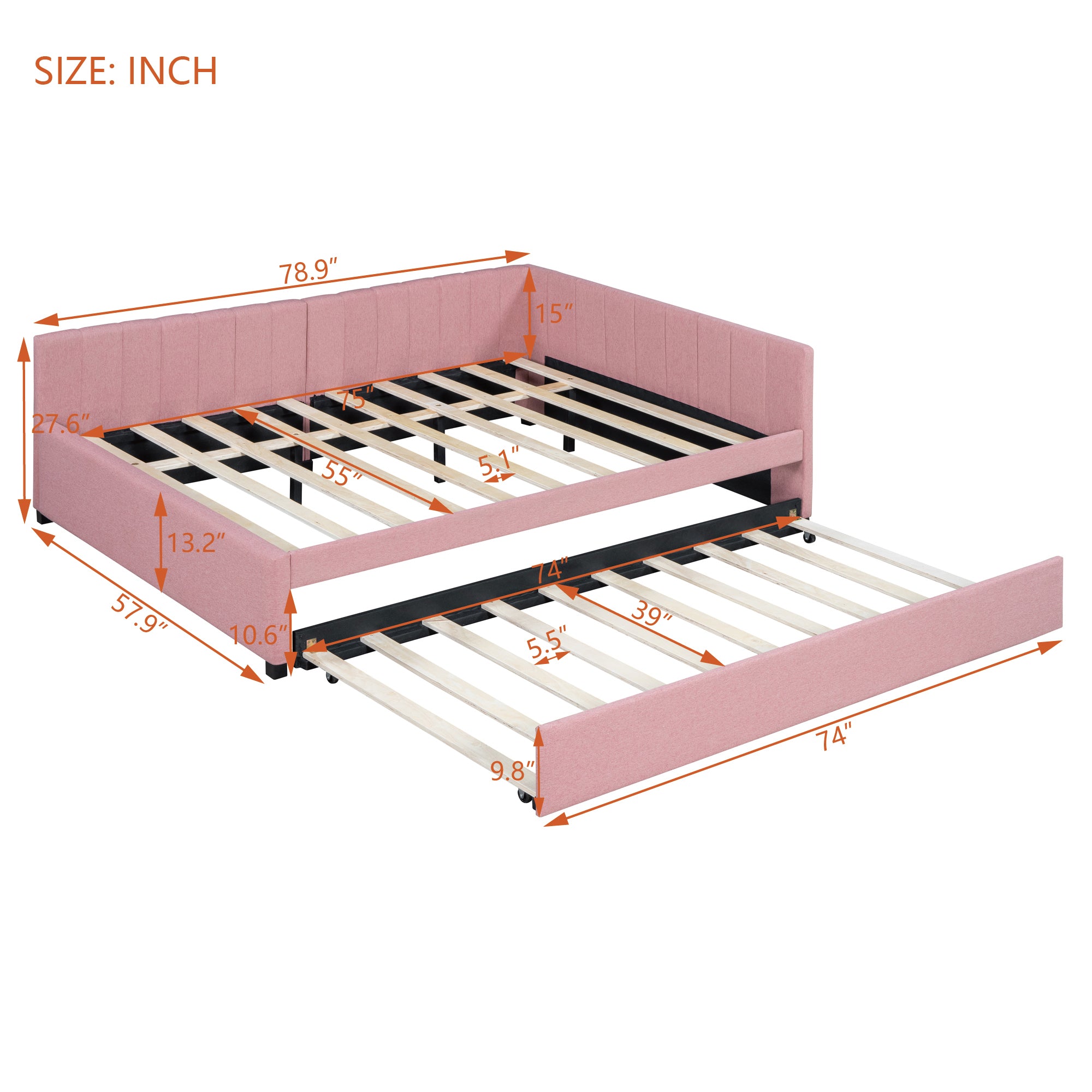 Full Size Upholstered Daybed with Trundle Sofa Bed Frame No Box Spring Needed, Linen Fabric(Pink) - Atlantic Fine Furniture Melbourne FL