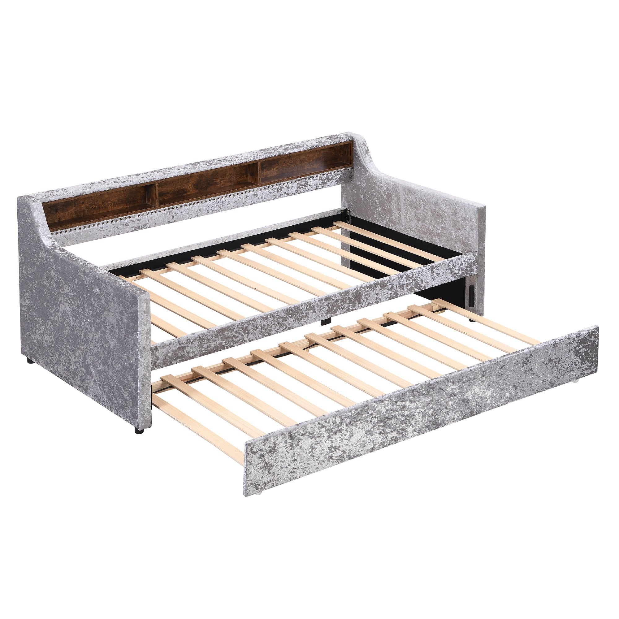 Twin Size Snowflake Velvet Daybed with Trundle and Built-in Storage Shelves,Gray - Atlantic Fine Furniture Melbourne FL