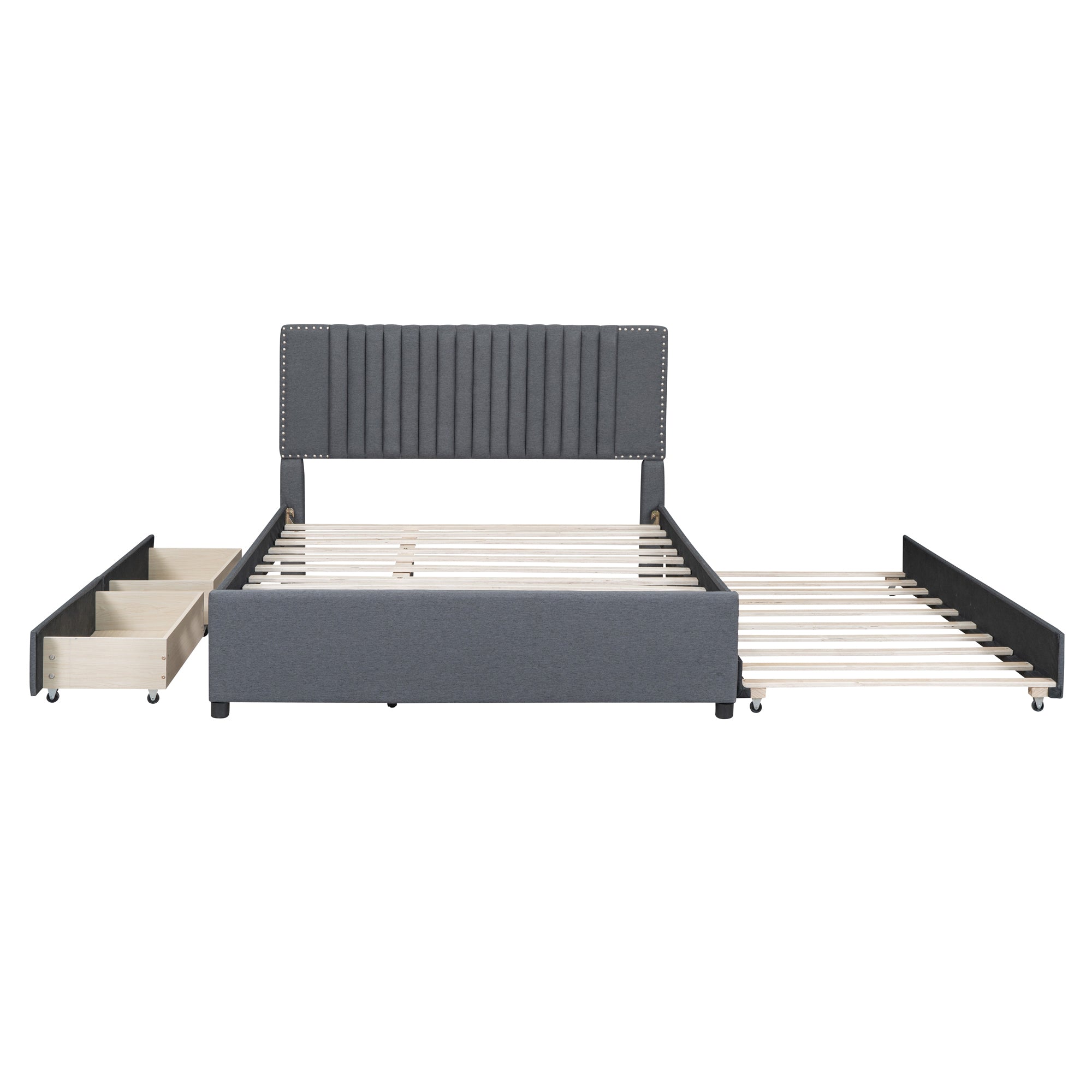 Queen Size Upholstered Platform Bed with 2 Drawers and 1 Twin XL Trundle, Classic Headboard Design, Gray - Atlantic Fine Furniture Melbourne FL