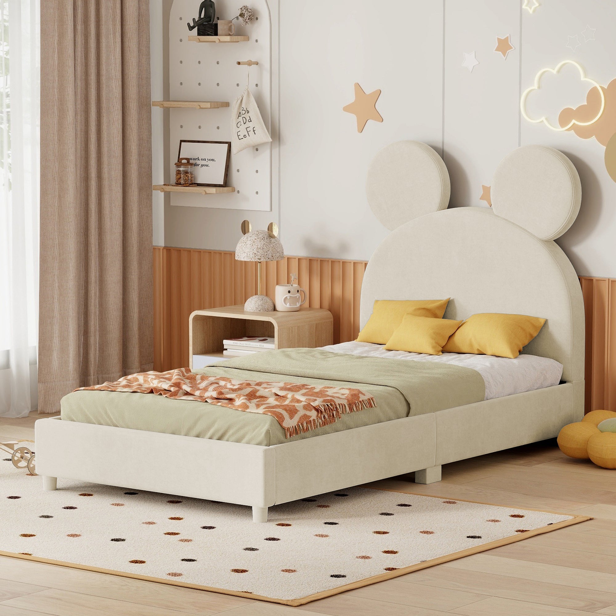 Twin Size Upholstered Platform Bed with Bear Ear Shaped Headboard, Beige - Atlantic Fine Furniture Melbourne FL
