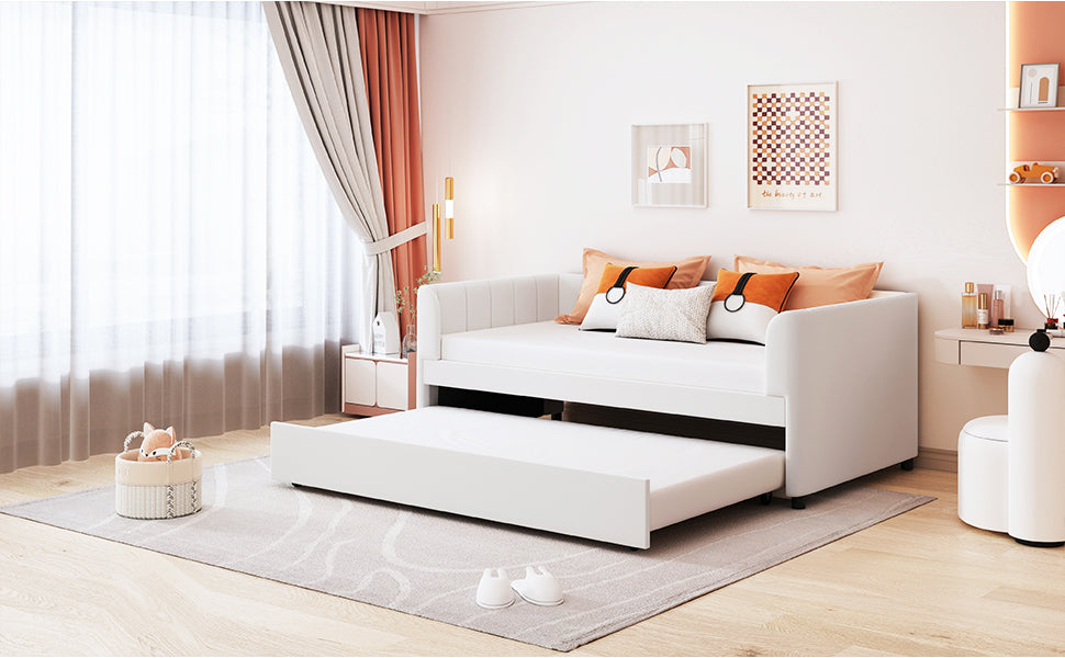 Twin Size Upholstered Daybed with Ergonomic Design Backrest and Trundle, Beige - Atlantic Fine Furniture Melbourne FL