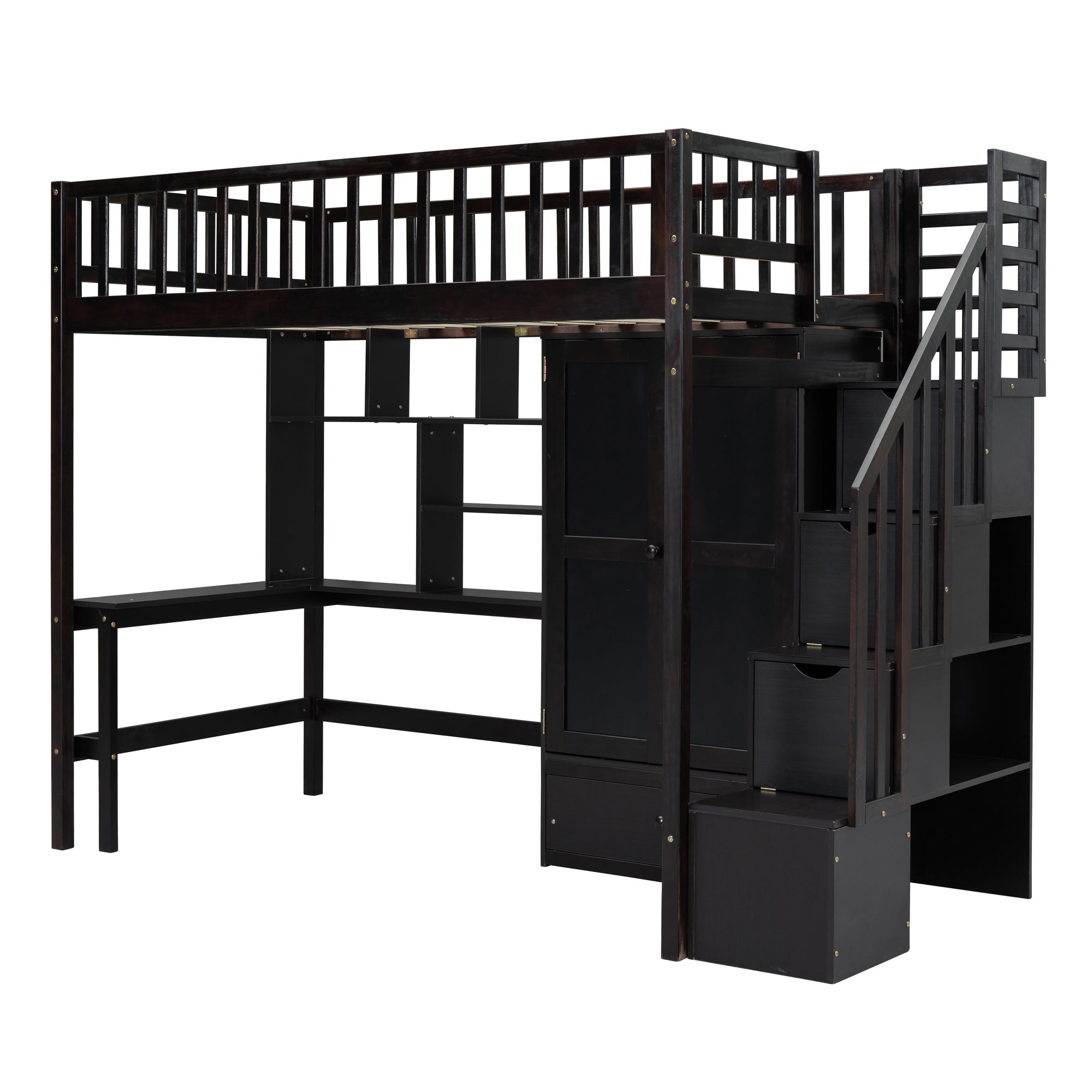 Twin size Loft Bed with Bookshelf,Drawers,Desk,and Wardrobe-Espresso - Atlantic Fine Furniture Melbourne FL