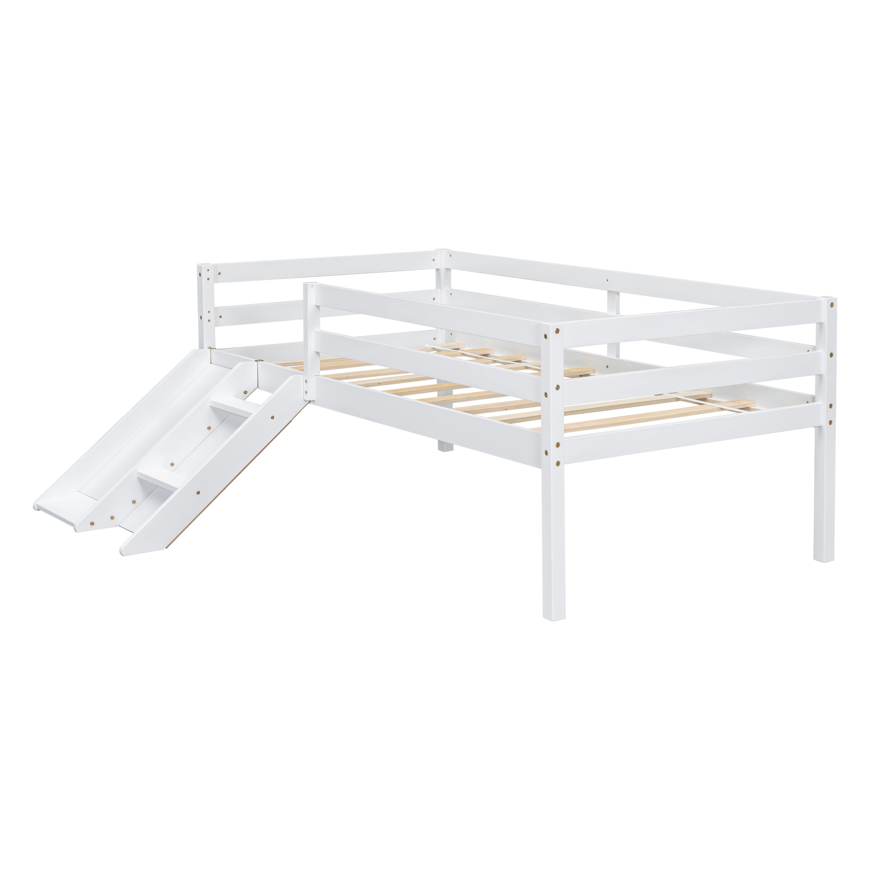 Twin Low Loft Bed with Slide, Ladder, Safety Guardrails, No Box Spring Needed,White