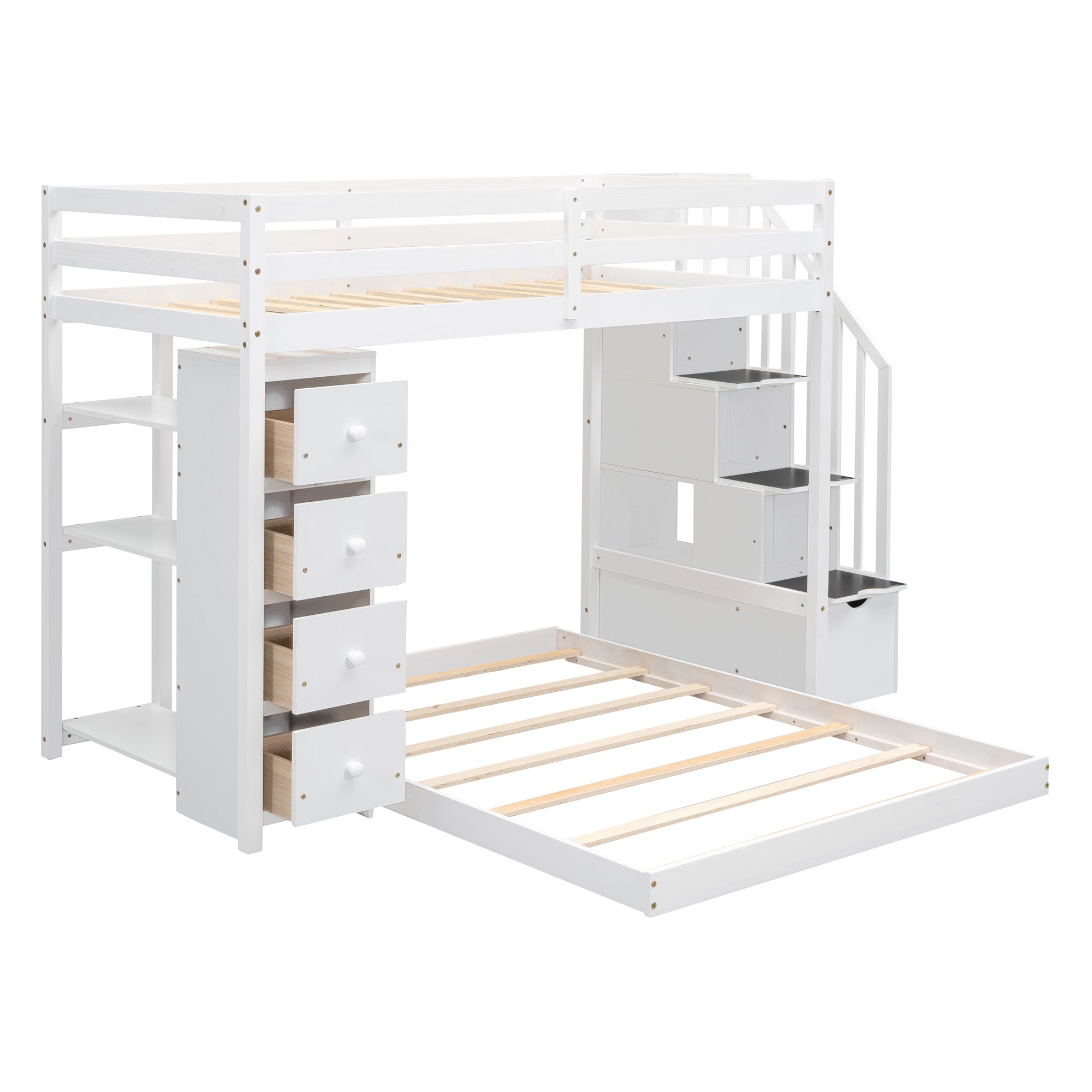 Twin Over Full Bunk Bed with 3-layer Shelves, Drawers and Storage Stairs, White - Atlantic Fine Furniture Melbourne FL