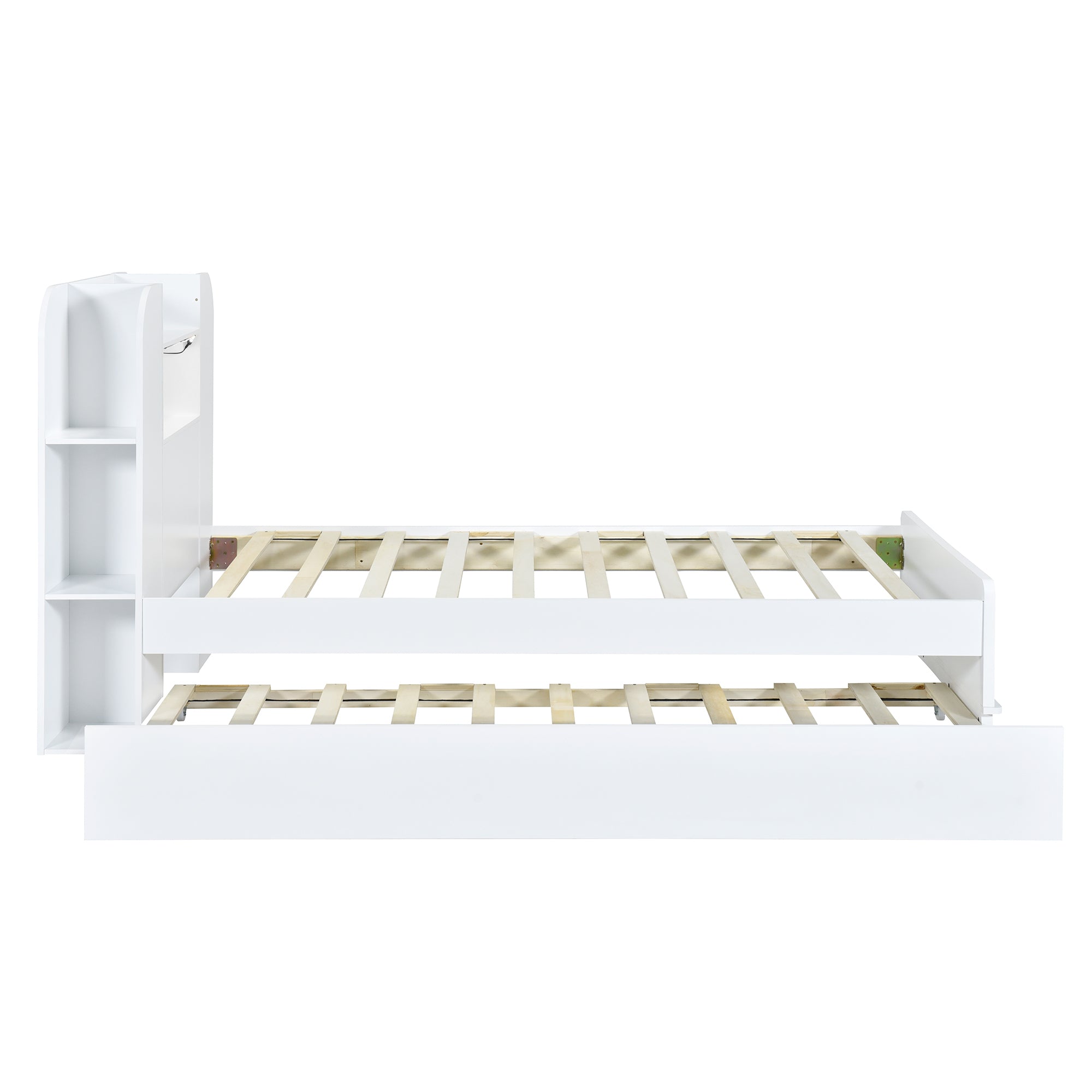 Twin Size Storage Platform Bed Frame with with Trundle and Light Strip Design in Headboard,White - Atlantic Fine Furniture Melbourne FL