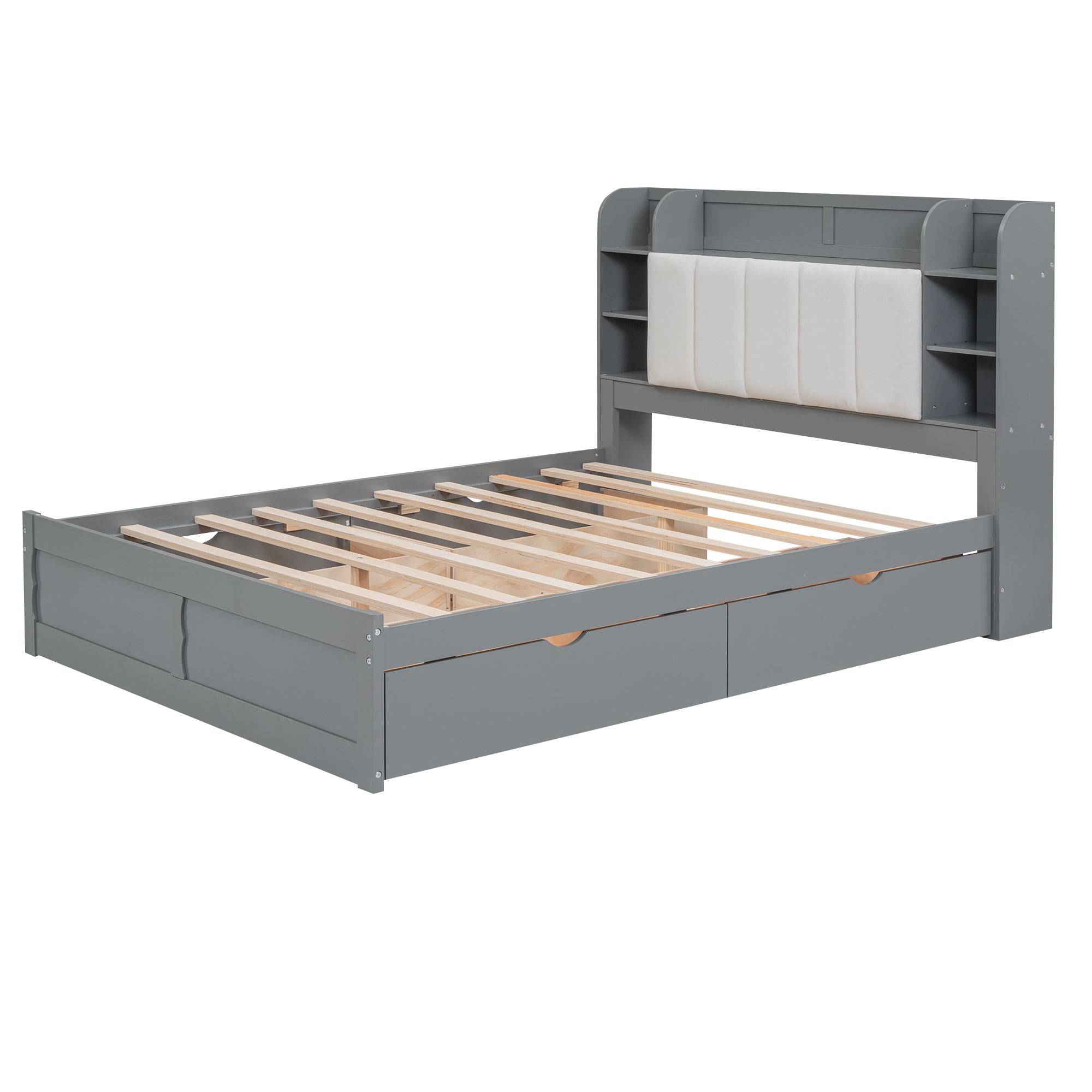 Wood Queen Size Platform Bed with Storage Headboard, Shelves and 4 Drawers, Gray - Atlantic Fine Furniture Melbourne FL