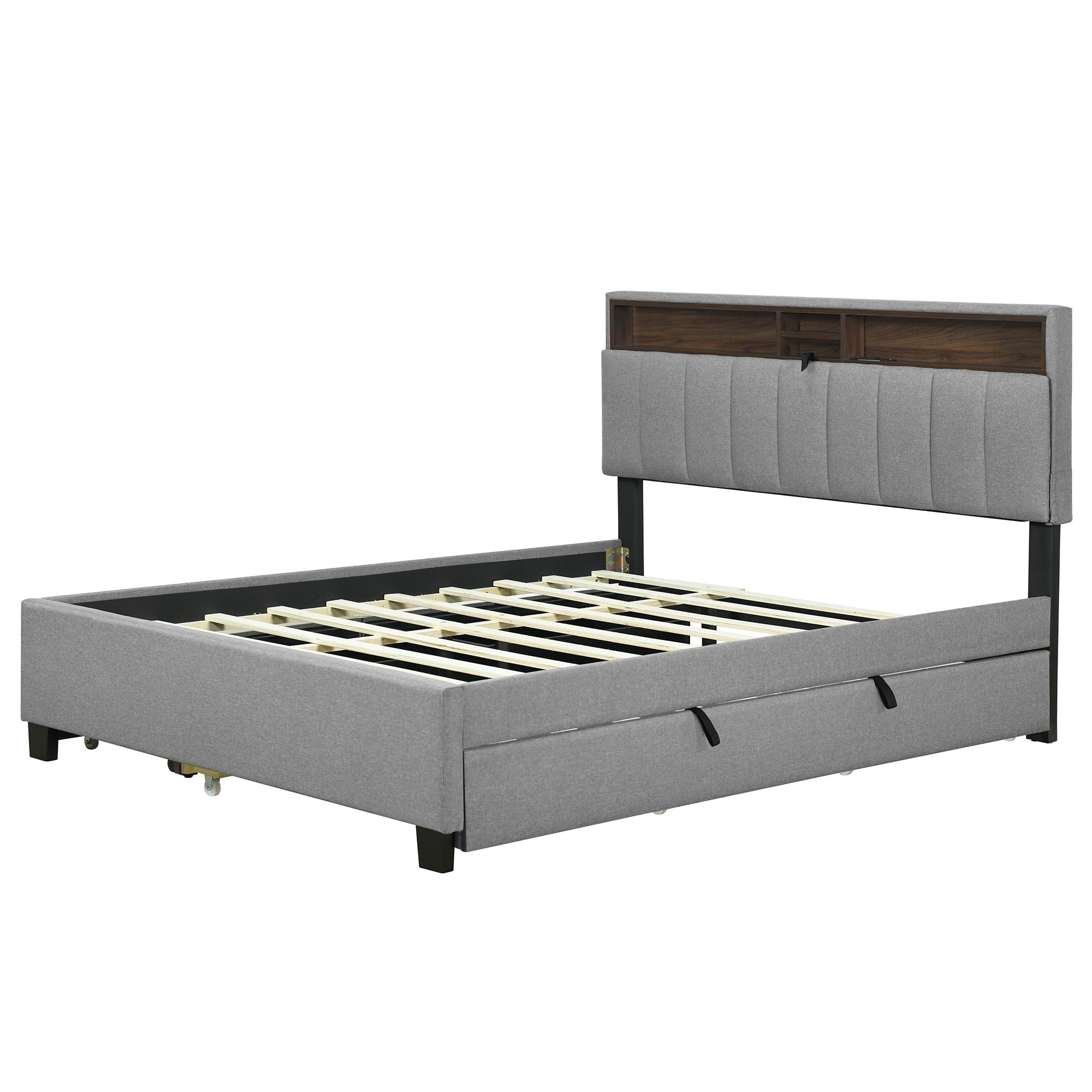 Queen size Upholstered Platform Bed with Storage Headboard, Twin XL Size Trundle & 2 drawers and a set of Sockets & USB Ports, Linen Fabric, Gray - Atlantic Fine Furniture Melbourne FL