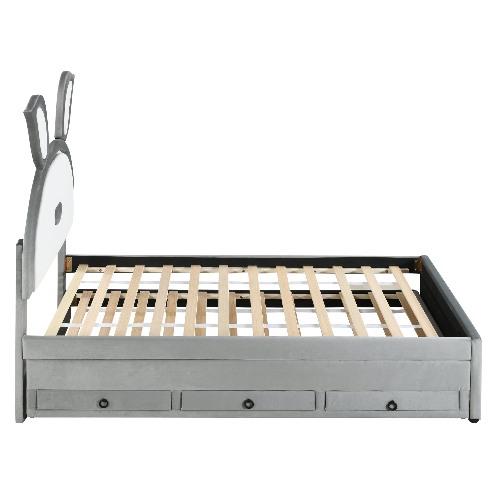 Twin Size Upholstered Platform Bed with Trundle and 3 Drawers, Rabbit-Shaped Headboard with Embedded LED Lights, Gray - Atlantic Fine Furniture Melbourne FL