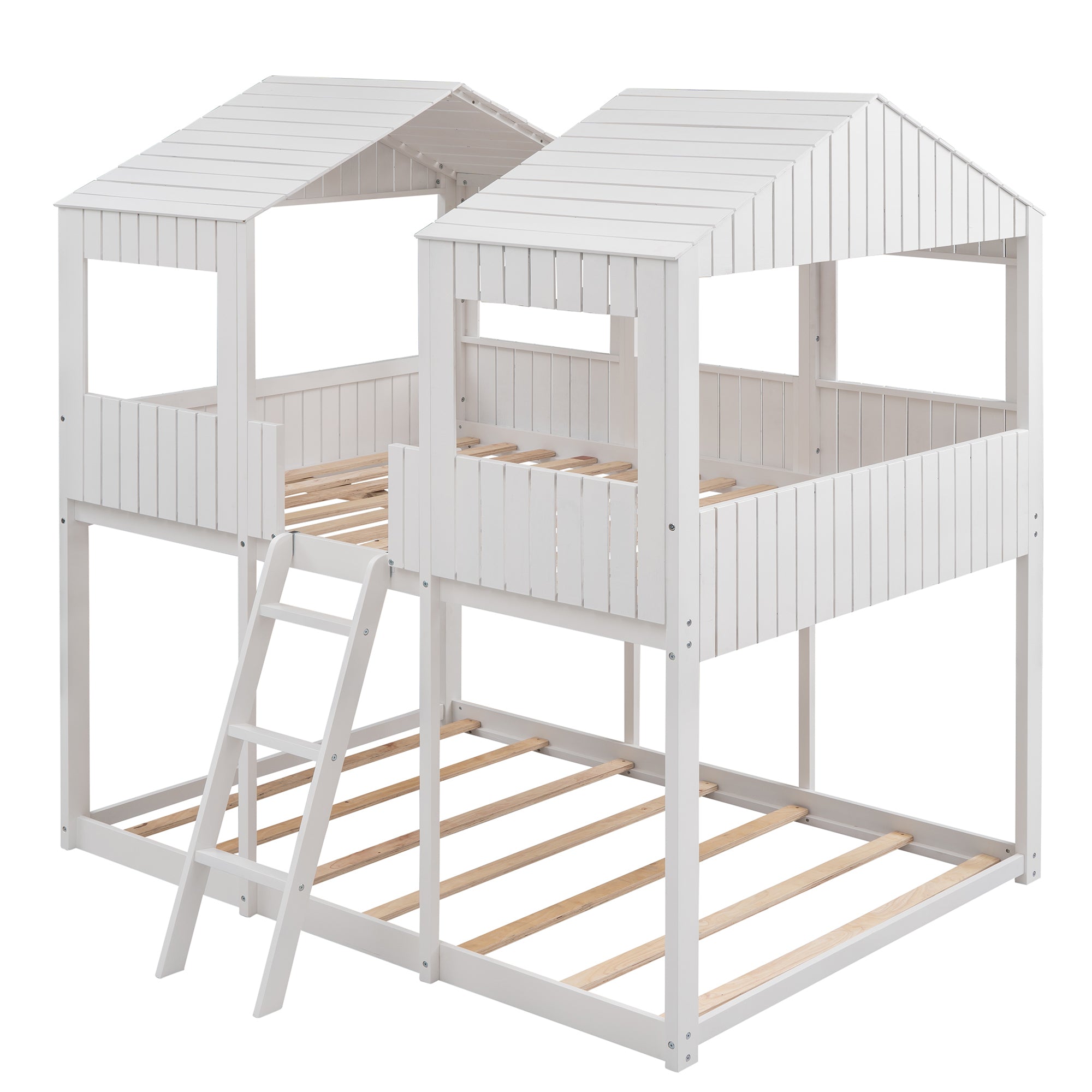 Full Over Full WoodBunk Bed with Roof, Window, Guardrail, Ladder(White)( old sku: LT000031AAK ) - Atlantic Fine Furniture Melbourne FL