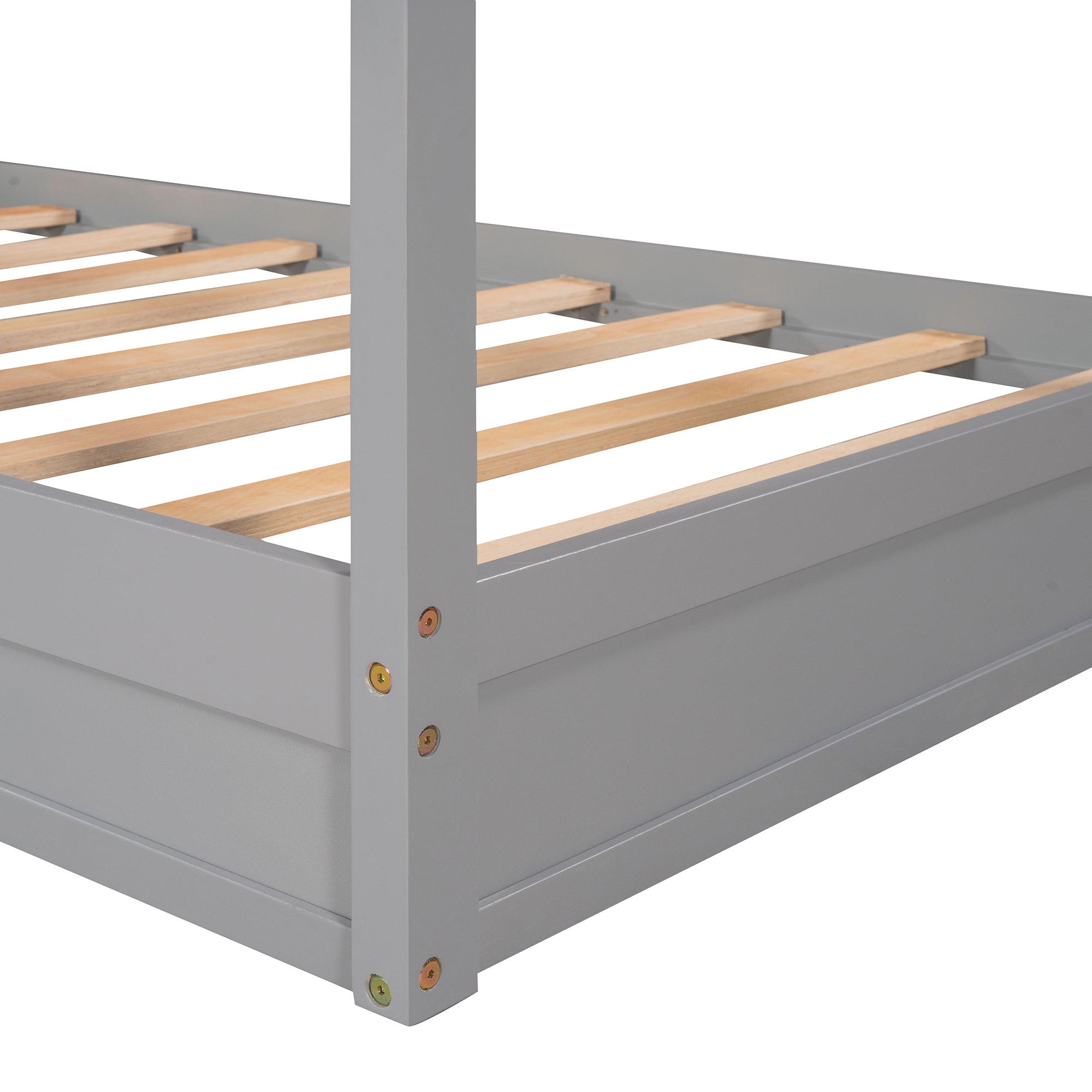 Wood House Bed Twin Size, 2 Twin Solid Bed L structure with fence and slatted frame (Gray) - Atlantic Fine Furniture Melbourne FL