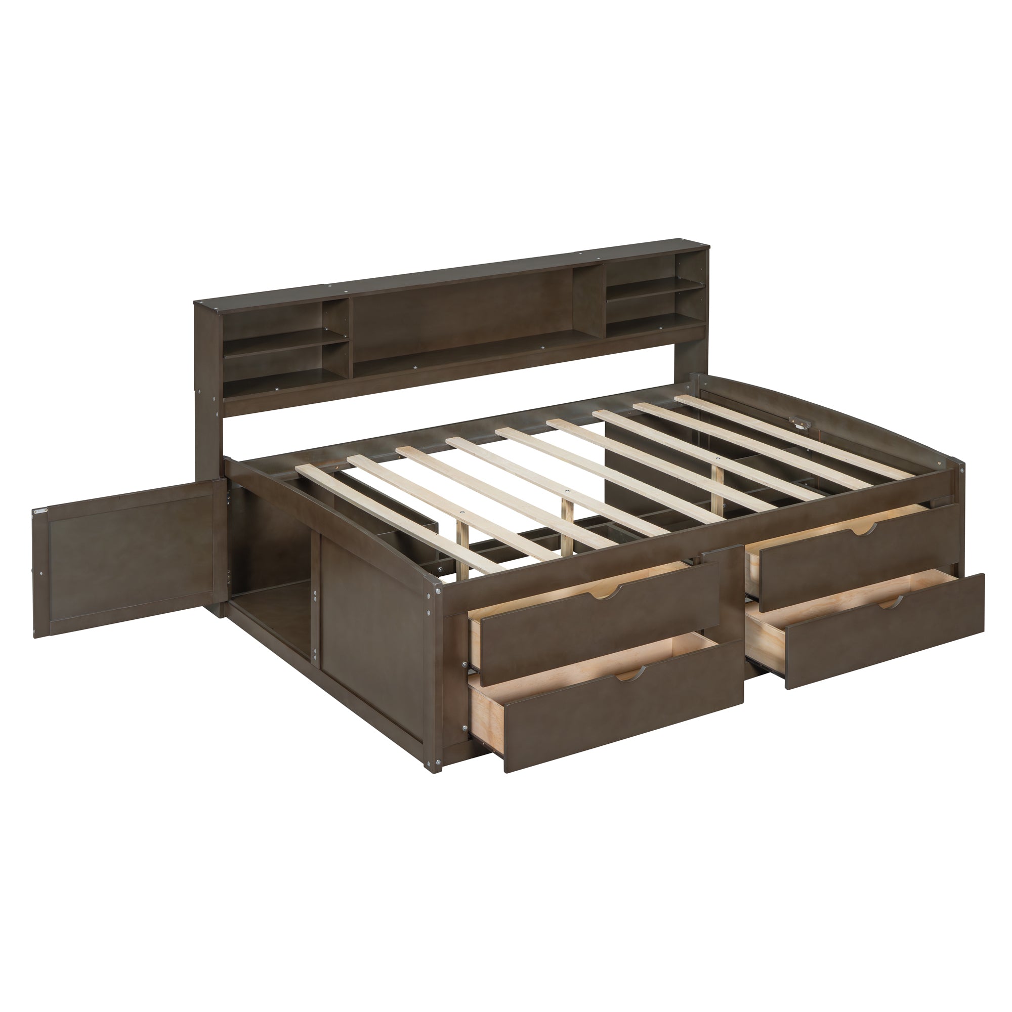 Full Size Wood Daybed with 2 Bedside Cabinets, Upper Shelves and 4 Drawers, Antique Brown - Atlantic Fine Furniture Melbourne FL