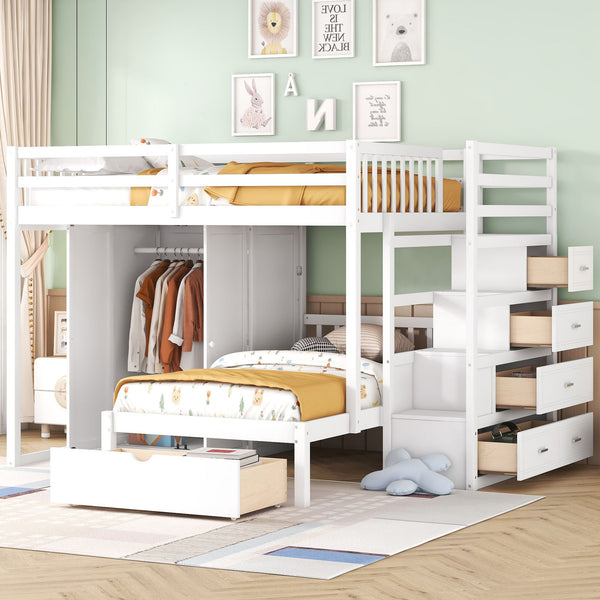 Full Over Twin Bunk Bed With Wardrobe, Drawers, White
