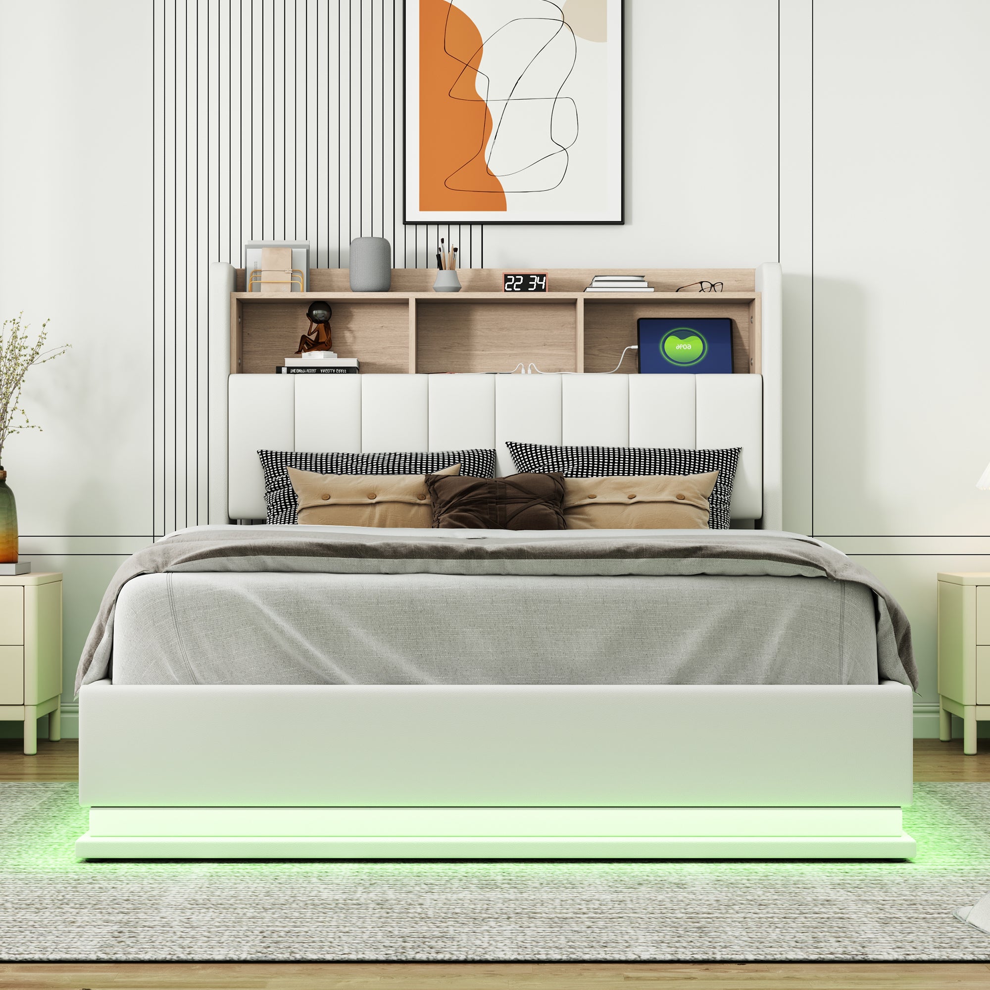 Full Size Upholstered Platform Bed with Storage Headboard and Hydraulic Storage System, PU Storage Bed with LED Lights and USB charger, White - Atlantic Fine Furniture Melbourne FL