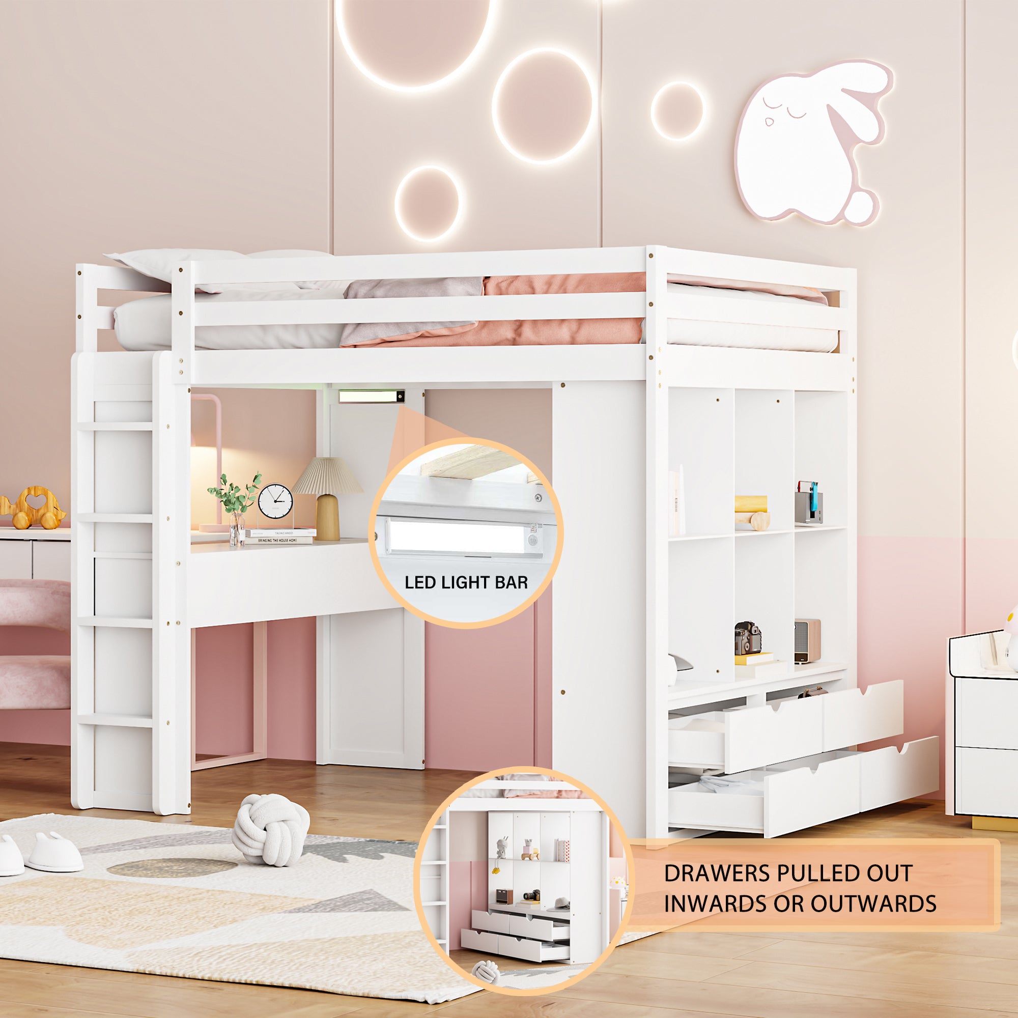 Full Size Loft Bed with large shelves, writing desk and LED Light, White - Atlantic Fine Furniture Melbourne FL