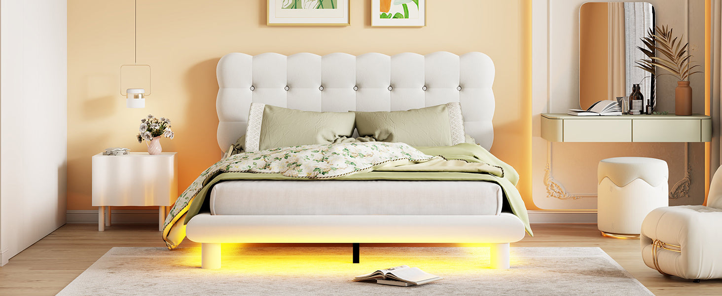 Queen Size Velvet Platform Bed with LED Frame, Thick & Soft Fabric and Button-tufted Design Headboard, Beige - Atlantic Fine Furniture Melbourne FL