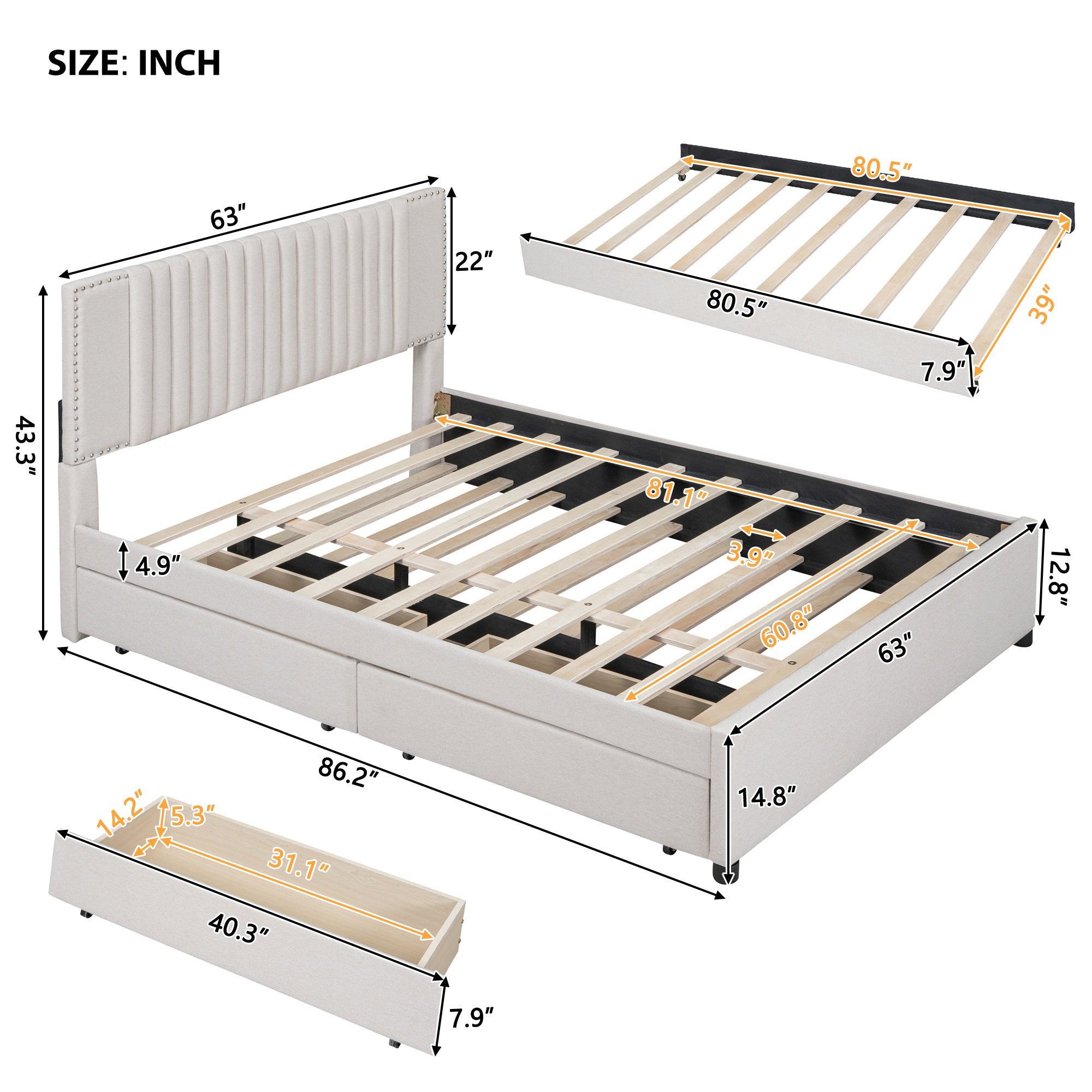 Queen Size Upholstered Platform Bed with 2 Drawers and 1 Twin XL Trundle, Classic Headboard Design, Beige - Atlantic Fine Furniture Melbourne FL