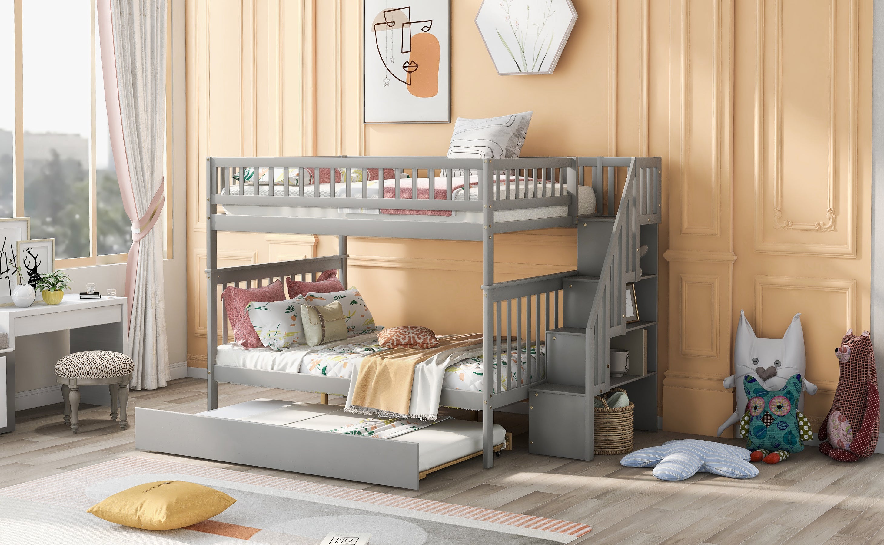 Full over Full Bunk Bed with Trundle and Staircase,Gray - Atlantic Fine Furniture Melbourne FL