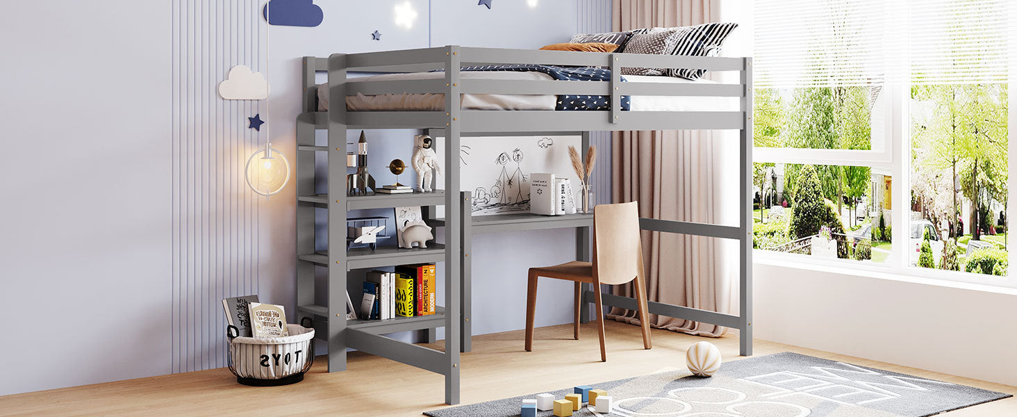 Full Size Wooden Loft Bed with Shelves, Desk and Writing Board - Gray - Atlantic Fine Furniture Melbourne FL