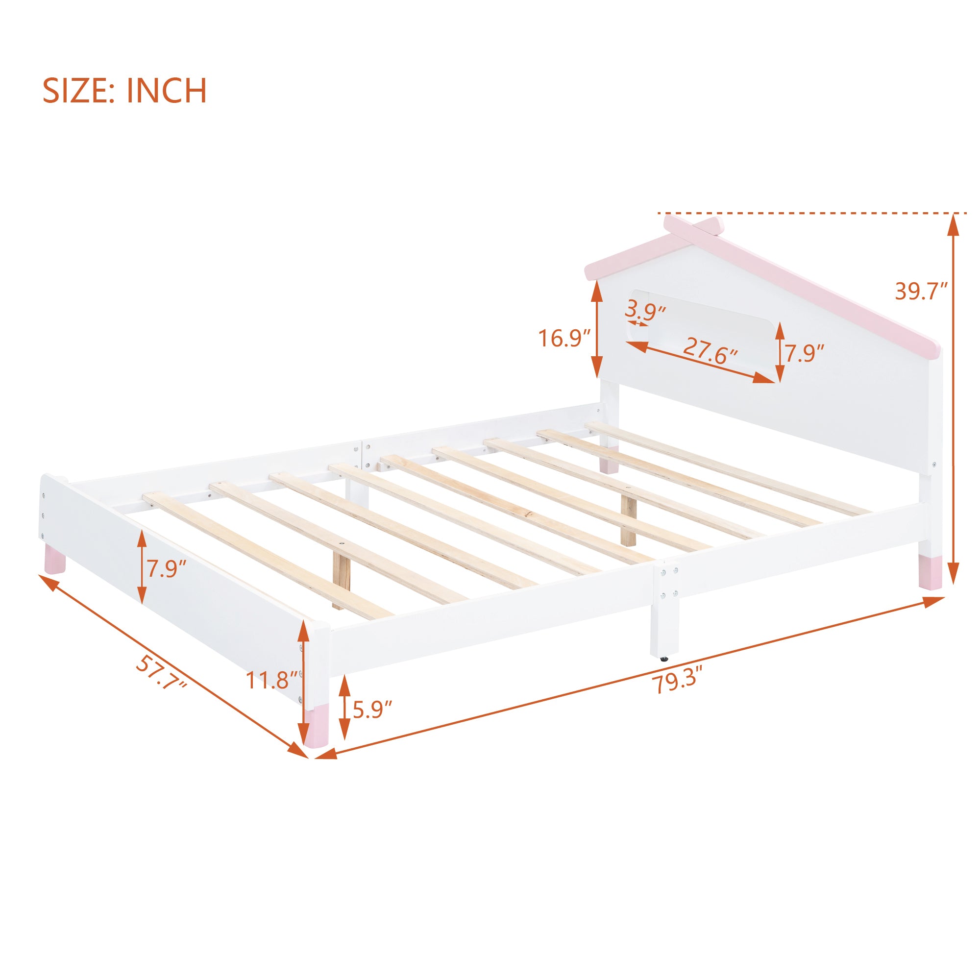 Full Size Wood Platform Bed with House-shaped Headboard and Motion Activated Night Lights (White+Pink) - Atlantic Fine Furniture Melbourne FL