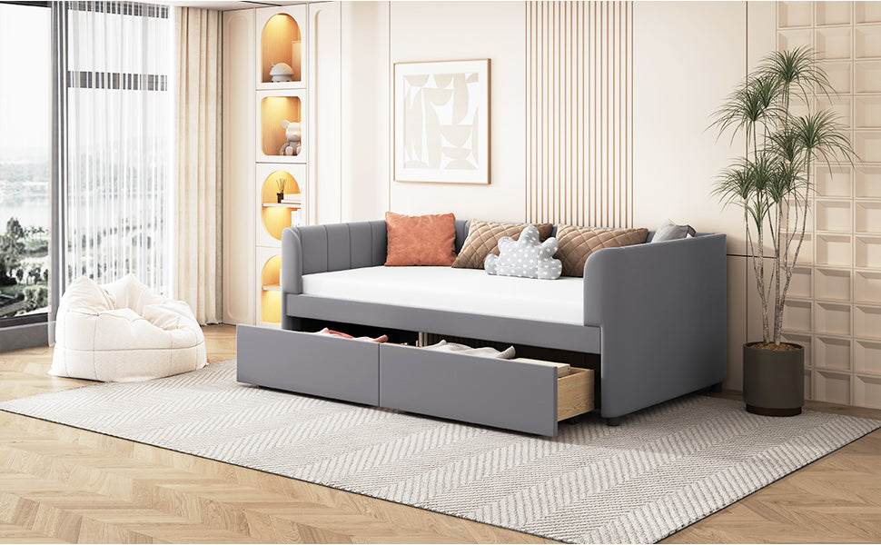 Twin Size Upholstered Daybed with Ergonomic Design Backrest and 2 Drawers, Gray - Atlantic Fine Furniture Melbourne FL