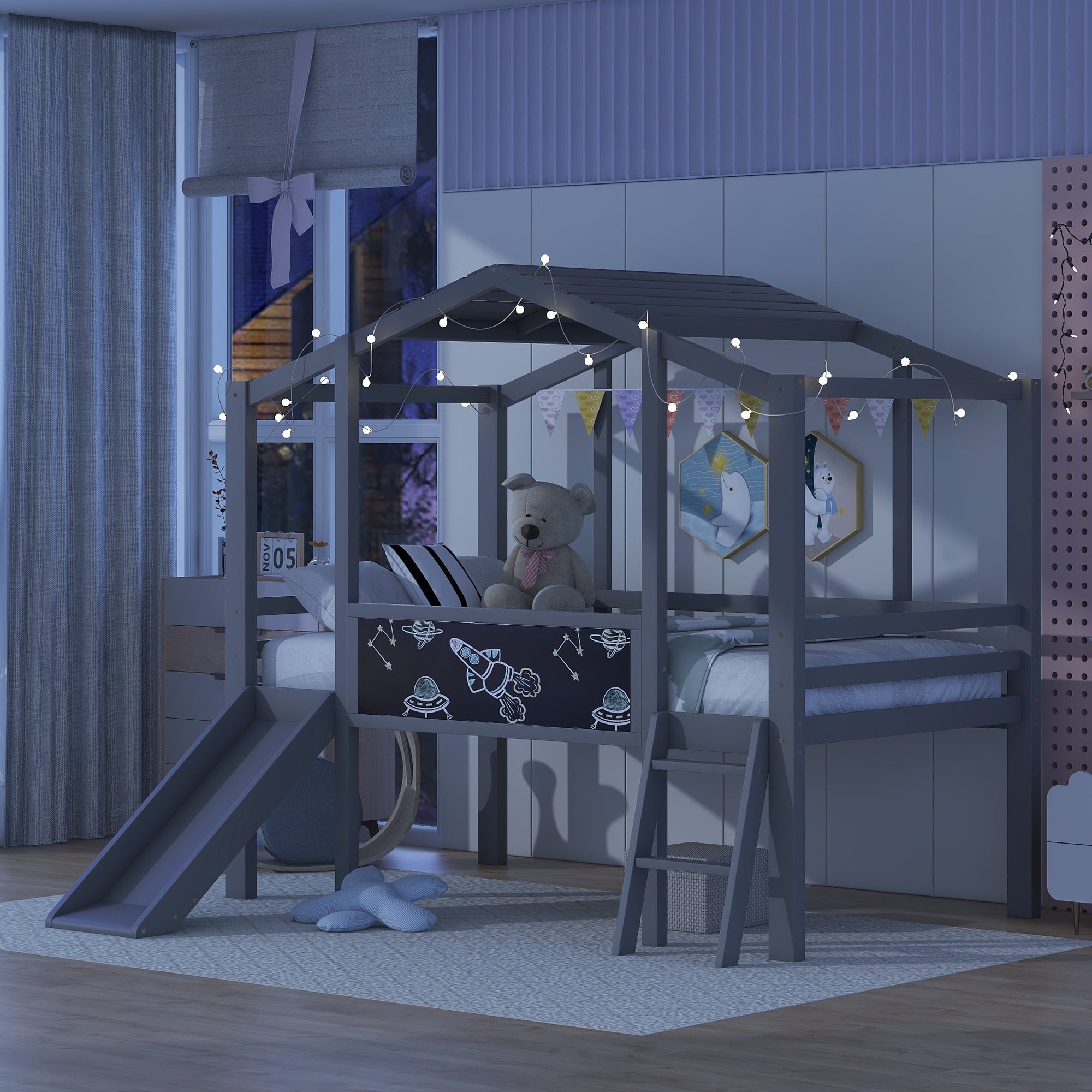 Twin Size Loft Bed with Ladder and Slide, House Bed with Blackboard and Light Strip on the Roof, Gray - Atlantic Fine Furniture Melbourne FL