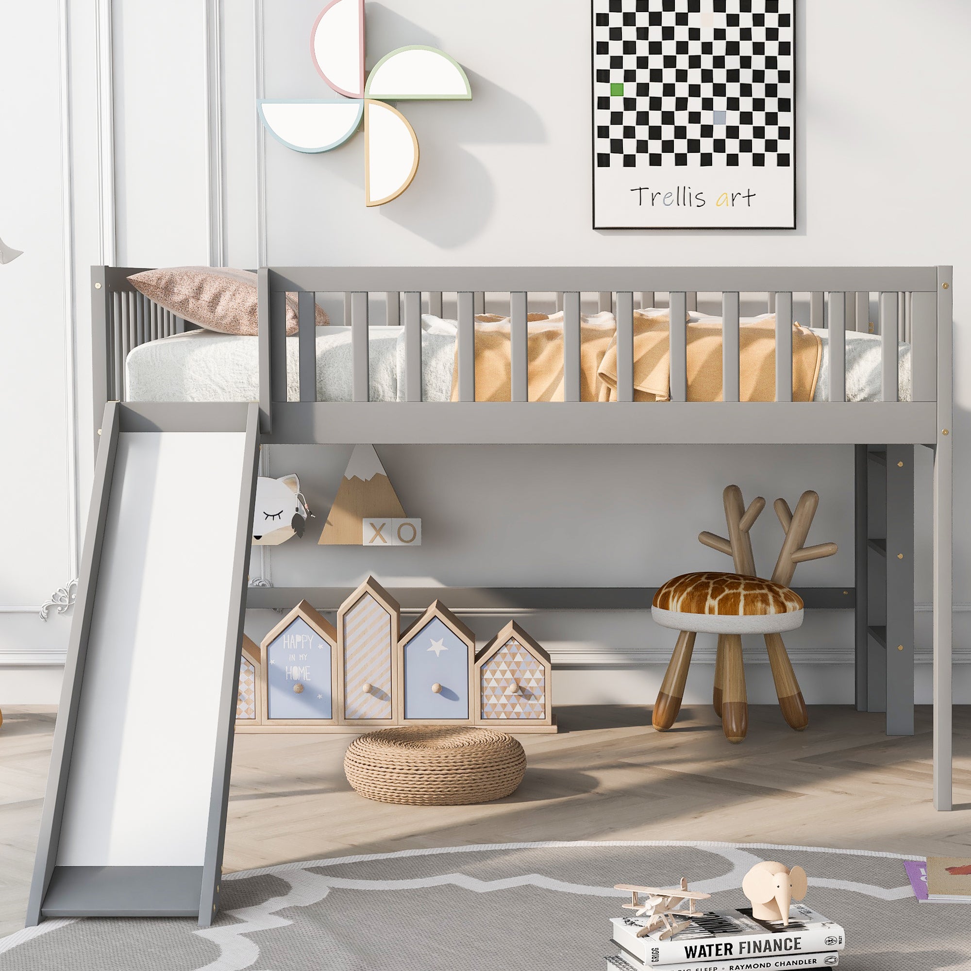 Full Size Low Loft Bed with Ladder and Slide,Gray - Atlantic Fine Furniture Melbourne FL