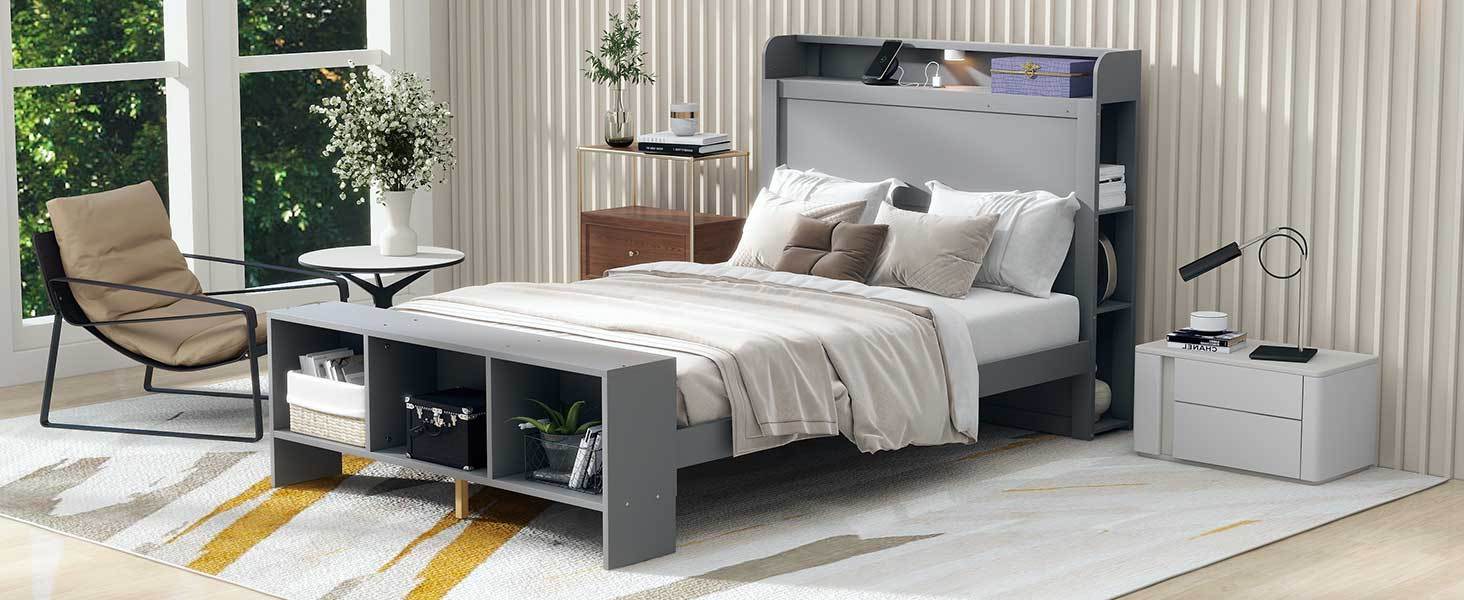 Full Size Platform Bed with built-in shelves, LED Light and USB ports, Gray - Atlantic Fine Furniture Melbourne FL