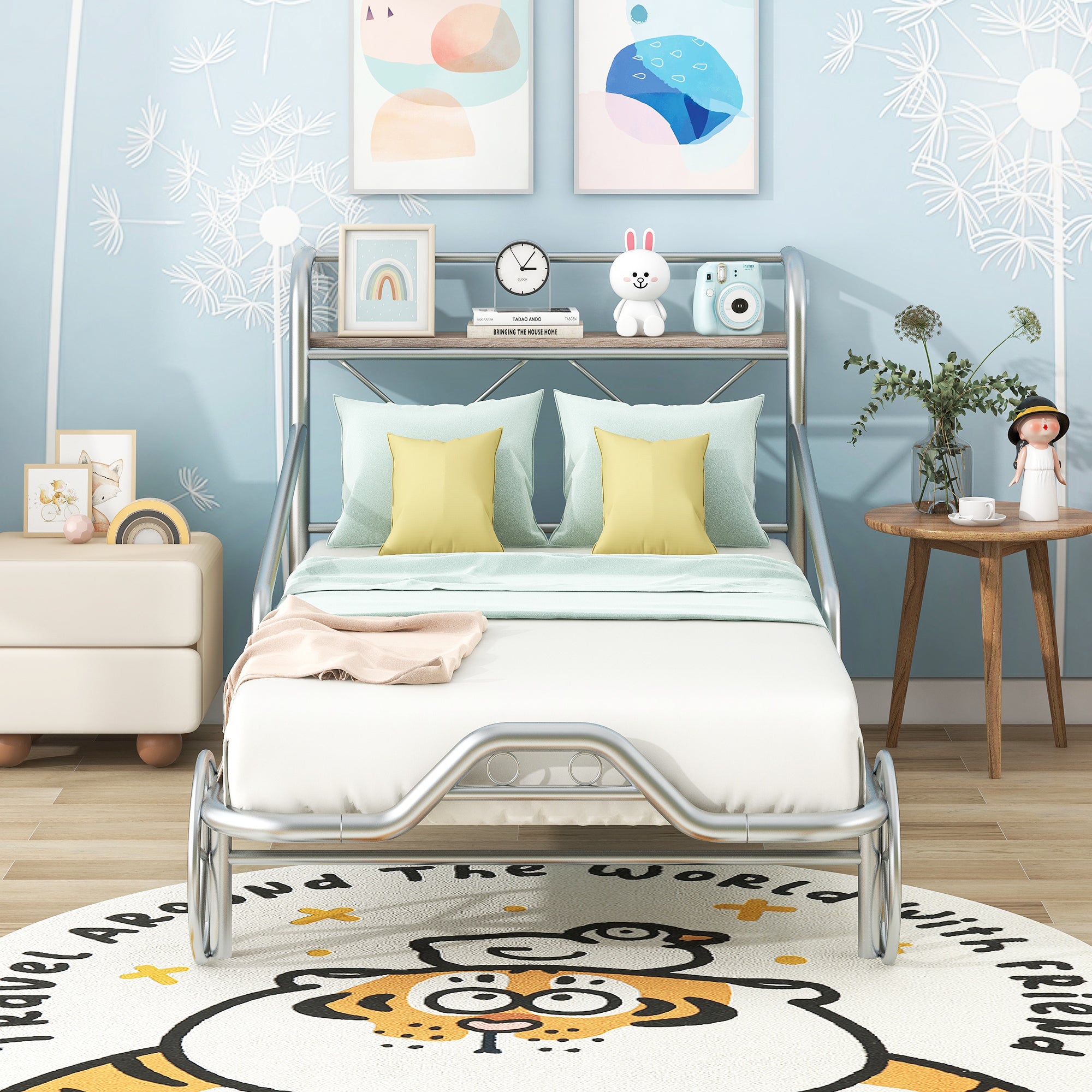 Twin Size Metal Car Bed with Four Wheels, Guardrails and X-Shaped Frame Shelf, Silver(Old SKU: MF297599AAN) - Atlantic Fine Furniture Melbourne FL