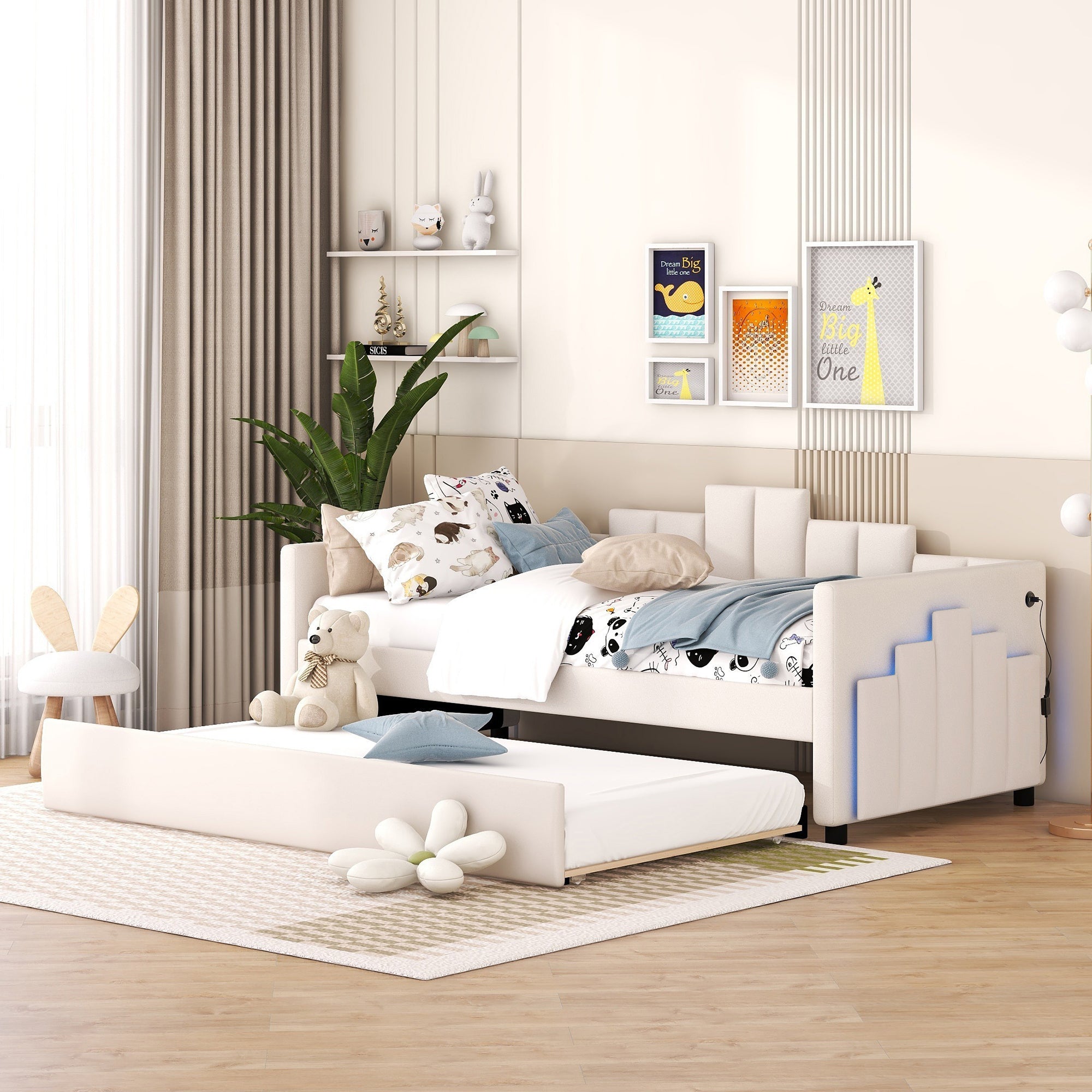 Twin Size Upholstered Daybed with Light and USB Port, Beige - Atlantic Fine Furniture Melbourne FL