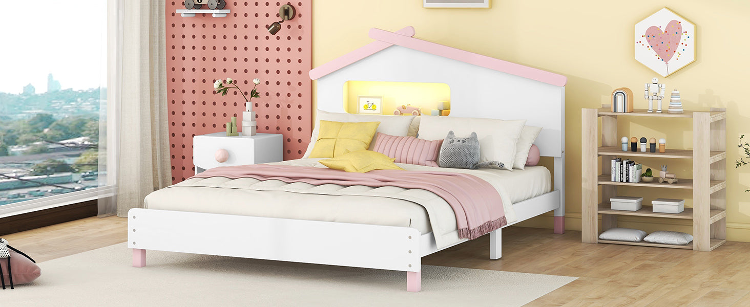Full Size Wood Platform Bed with House-shaped Headboard and Motion Activated Night Lights (White+Pink) - Atlantic Fine Furniture Melbourne FL