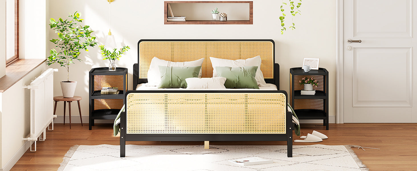 3 Pieces Rattan Platform Full Size Bed With 2 Nightstands,Espresso - Atlantic Fine Furniture Melbourne FL