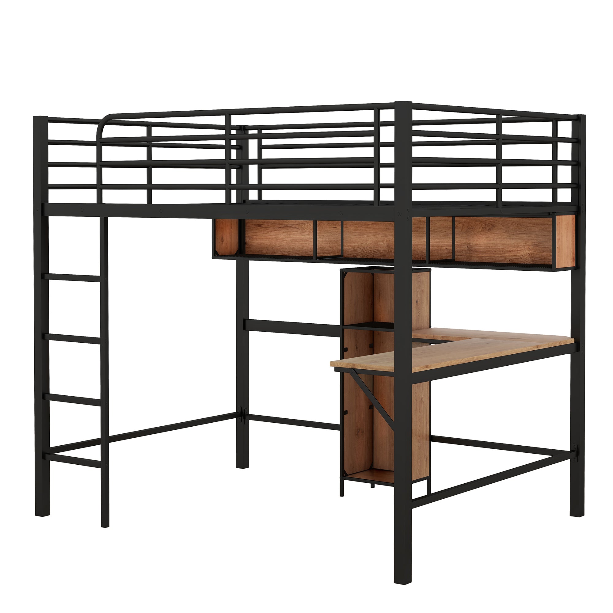 Full Size Metal & Wood Loft Bed with L -shaped desk and shelves, Black and Brown