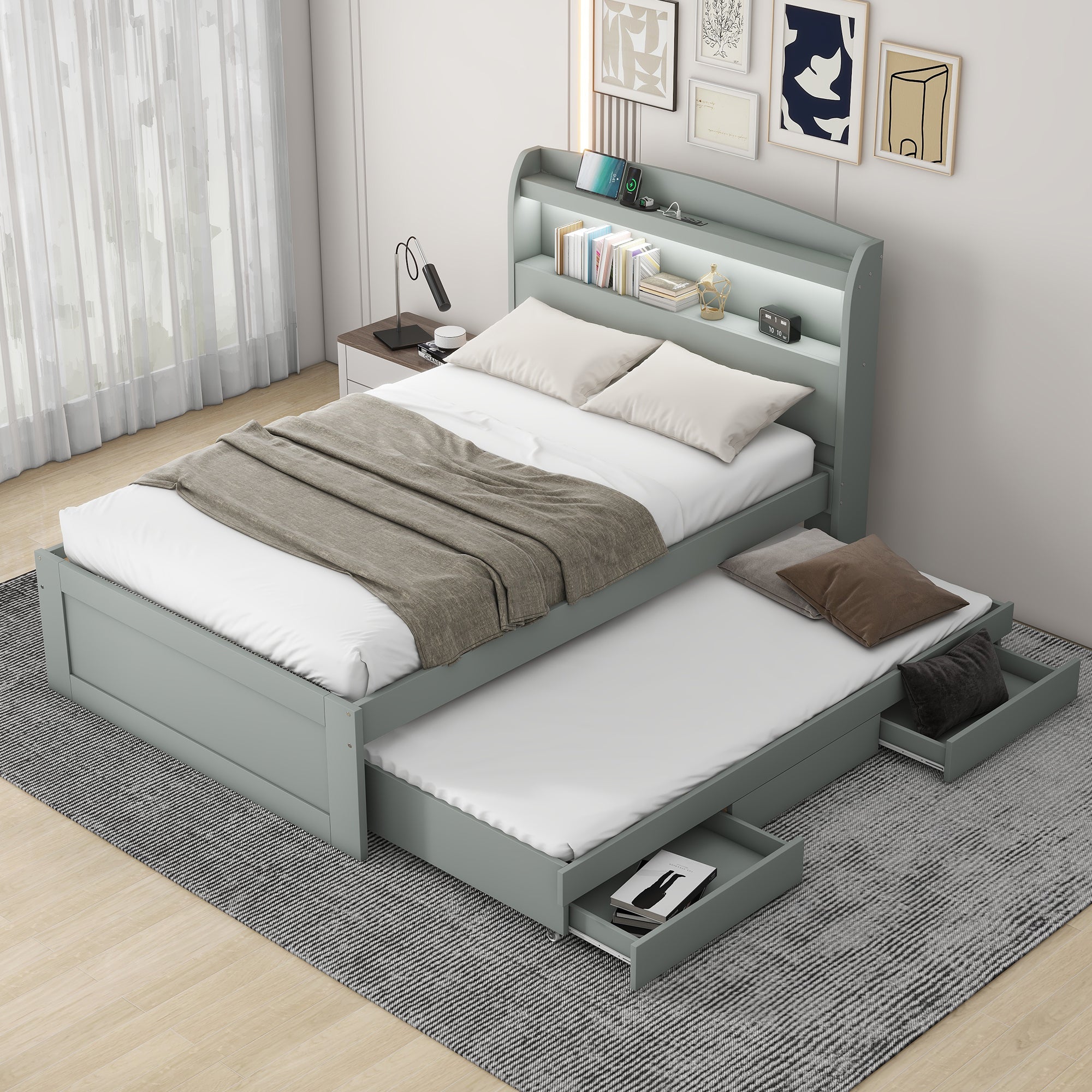 Twin XL Size Platform Bed with Storage LED Headboard, Charging Station, Twin Size Trundle and 2 Drawers, Gray - Atlantic Fine Furniture Melbourne FL
